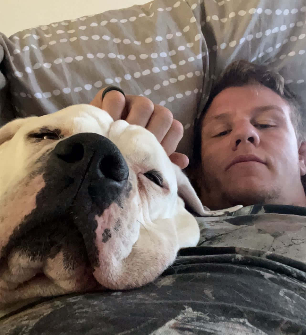Celebrity 桌布 壁紙 — 一名男子和他的白色鬥牛犬在圖案沙發上平靜地一起休息，閉著眼睛，享受安靜的陪伴。