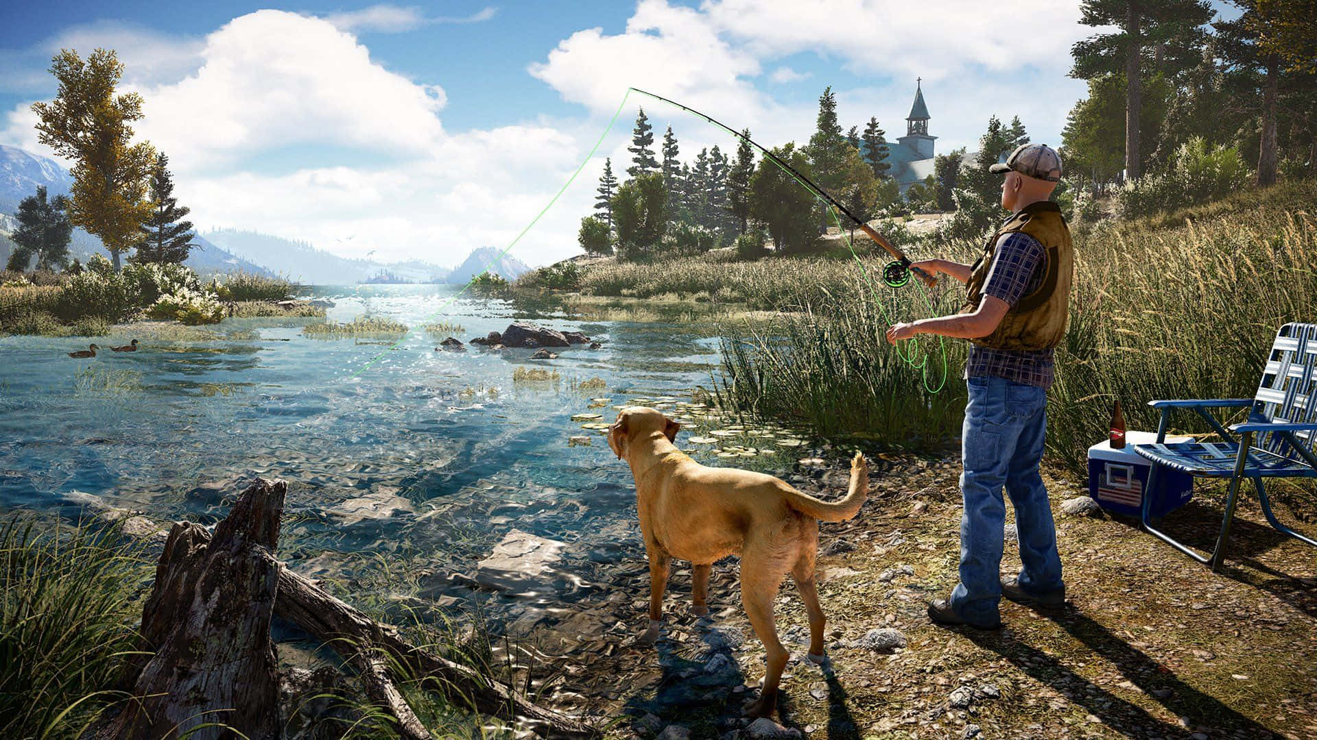 Open-world Game 桌布 壁紙 — 一名男子和他的黃狗在陽光明媚的河岸釣魚，遠處可見教堂尖塔。