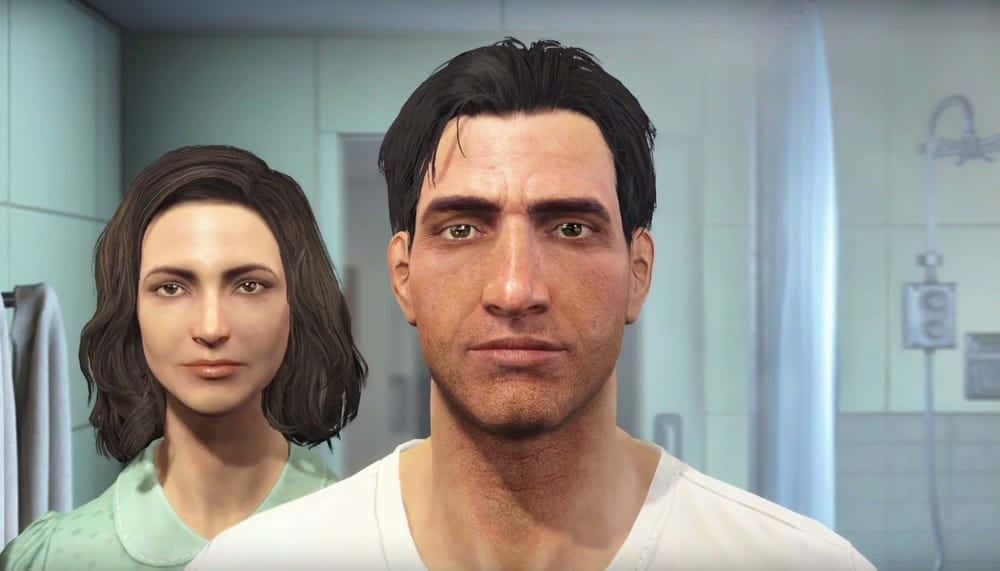 Fallout Characters 桌布 壁紙 — 一名男子和女子在無菌的醫院房間內，背景可見醫療設備。