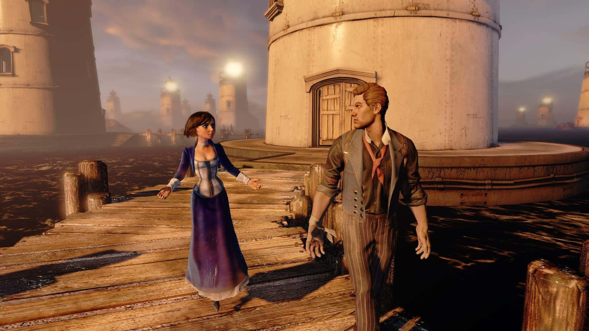 Best Bioshock Infinite 桌布 壁紙 — 一名男子和女子站在木製碼頭旁，旁邊有燈塔，霧氣瀰漫的海面和發光的塔樓延伸至遠方。