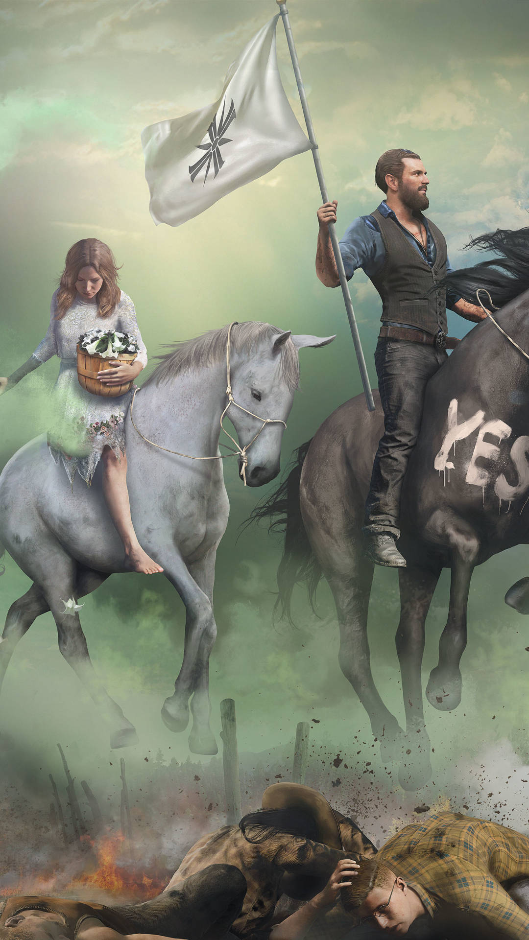 far cry 5 iPhone 桌布 壁紙 — 一名男子和女子騎馬穿過霧氣瀰漫的戰場，手持旗幟和花籃，下方躺著陣亡士兵。