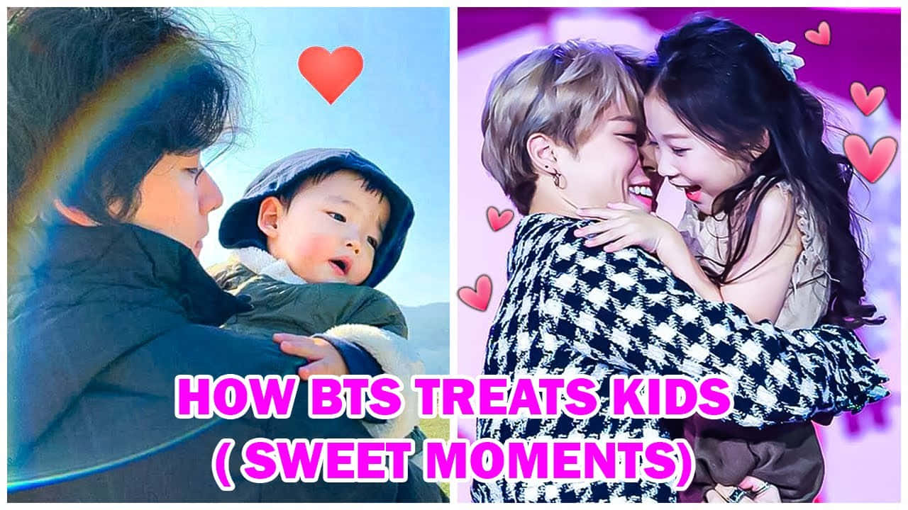 BTS 桌布 壁紙 — 一名男子在彩虹天空下抱著嬰兒，而兩個人快樂地擁抱，周圍漂浮著心形圖案。