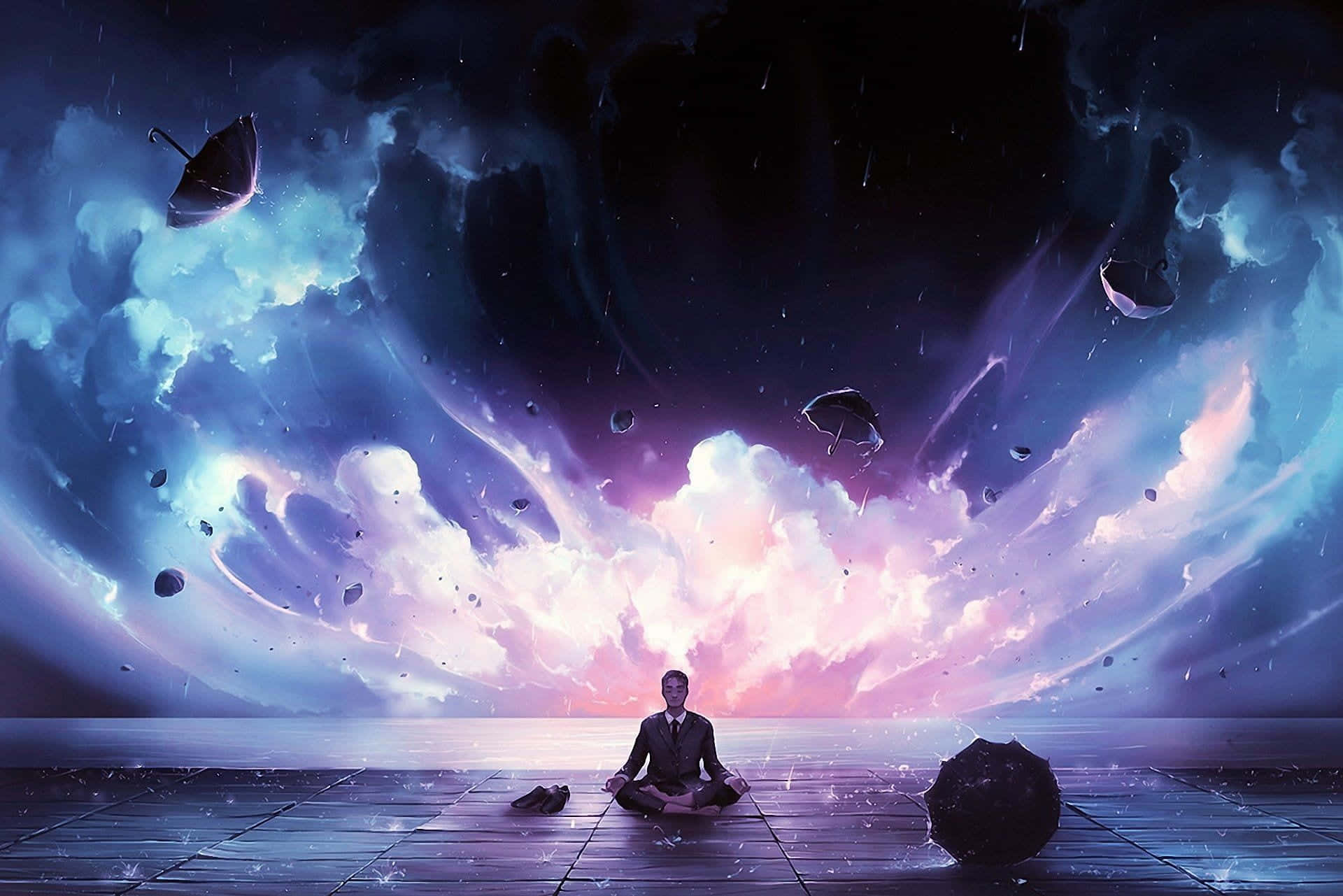 Concentration 桌布 壁紙 — 一名男子在木甲板上平靜地冥想，超現實的漂浮雨傘在旋轉的紫色和藍色宇宙天空中飄蕩。