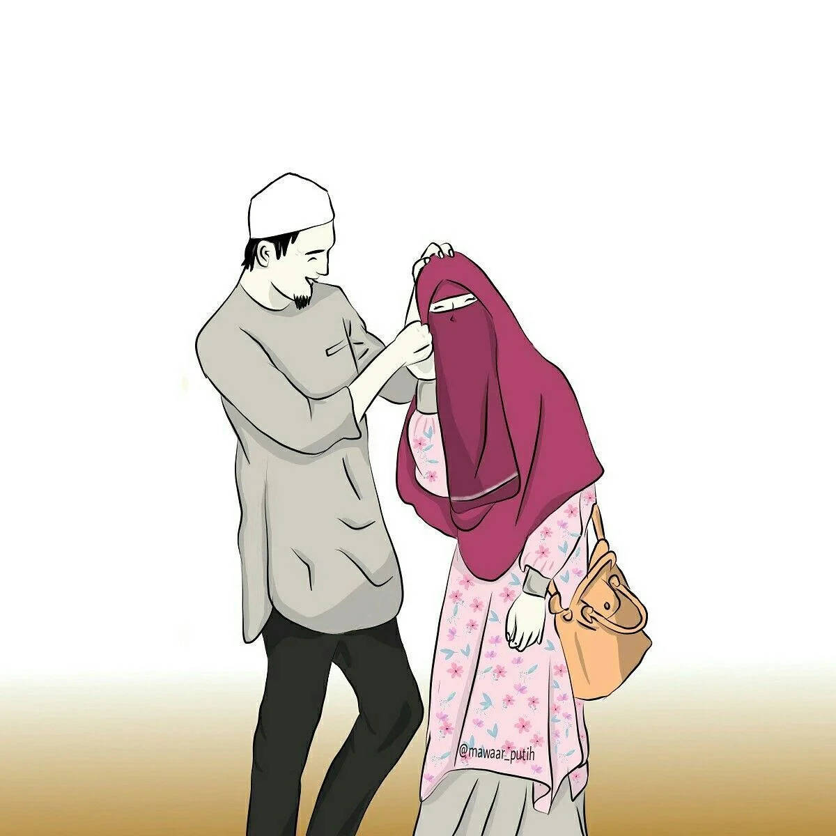Cute Couple Cartoon 桌布 壁紙 — 一名男子在柔和漸變背景中，輕柔地調整身旁女子的棗紅色尼卡布。