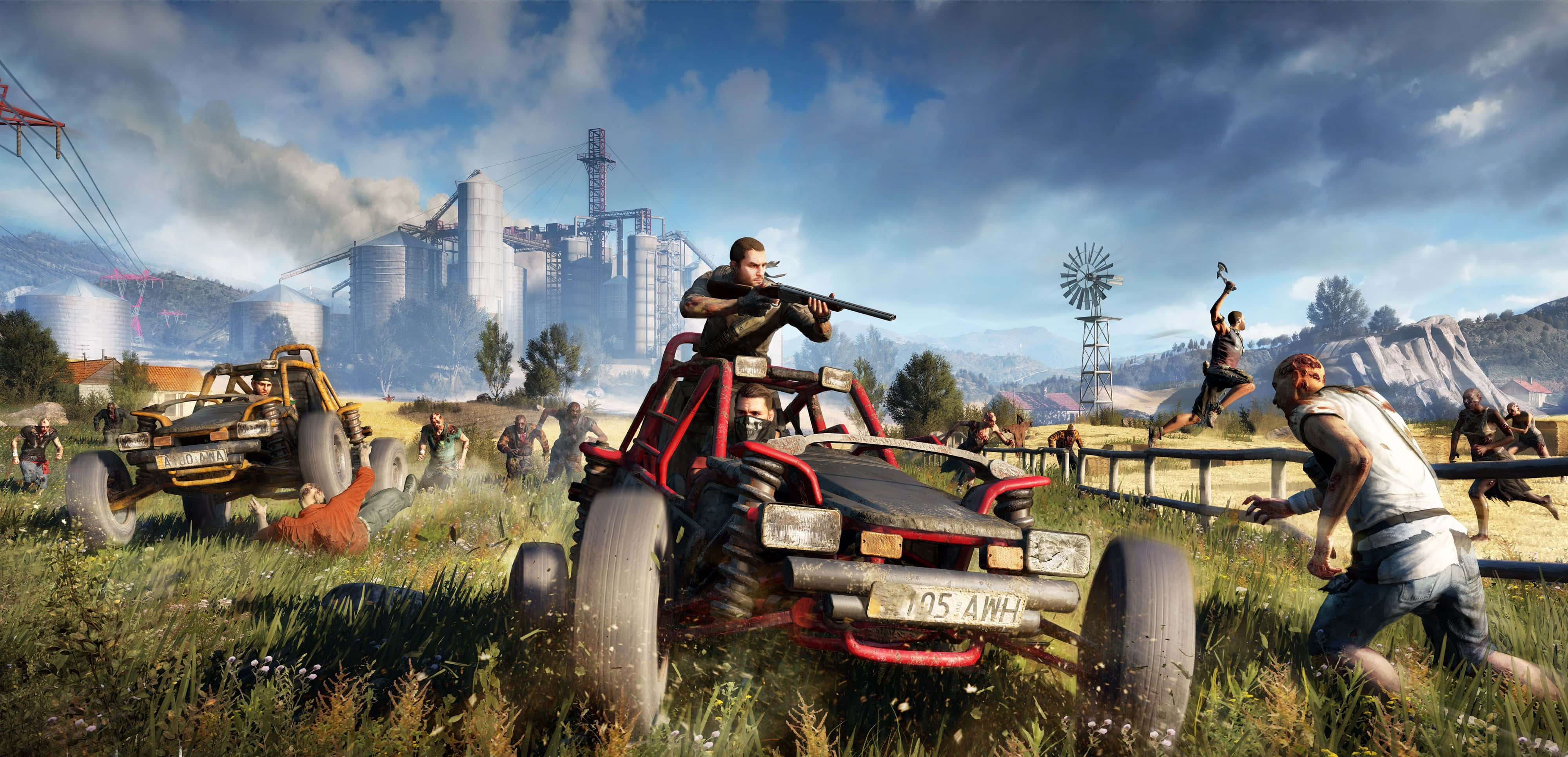 Dying Light 4K 桌布 壁紙 — 一名男子在紅色沙灘車上向工廠和風車附近草地上衝過來的殭屍開步槍射擊。