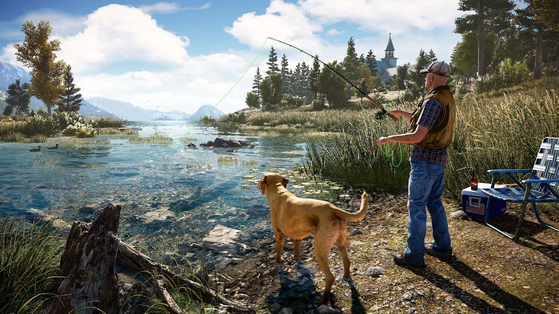 Best Far Cry 5 桌布 壁紙 — 一名男子在陽光明媚的河岸上拋出釣魚線，他的狗專注地看著，鴨子在清澈的水中滑過。