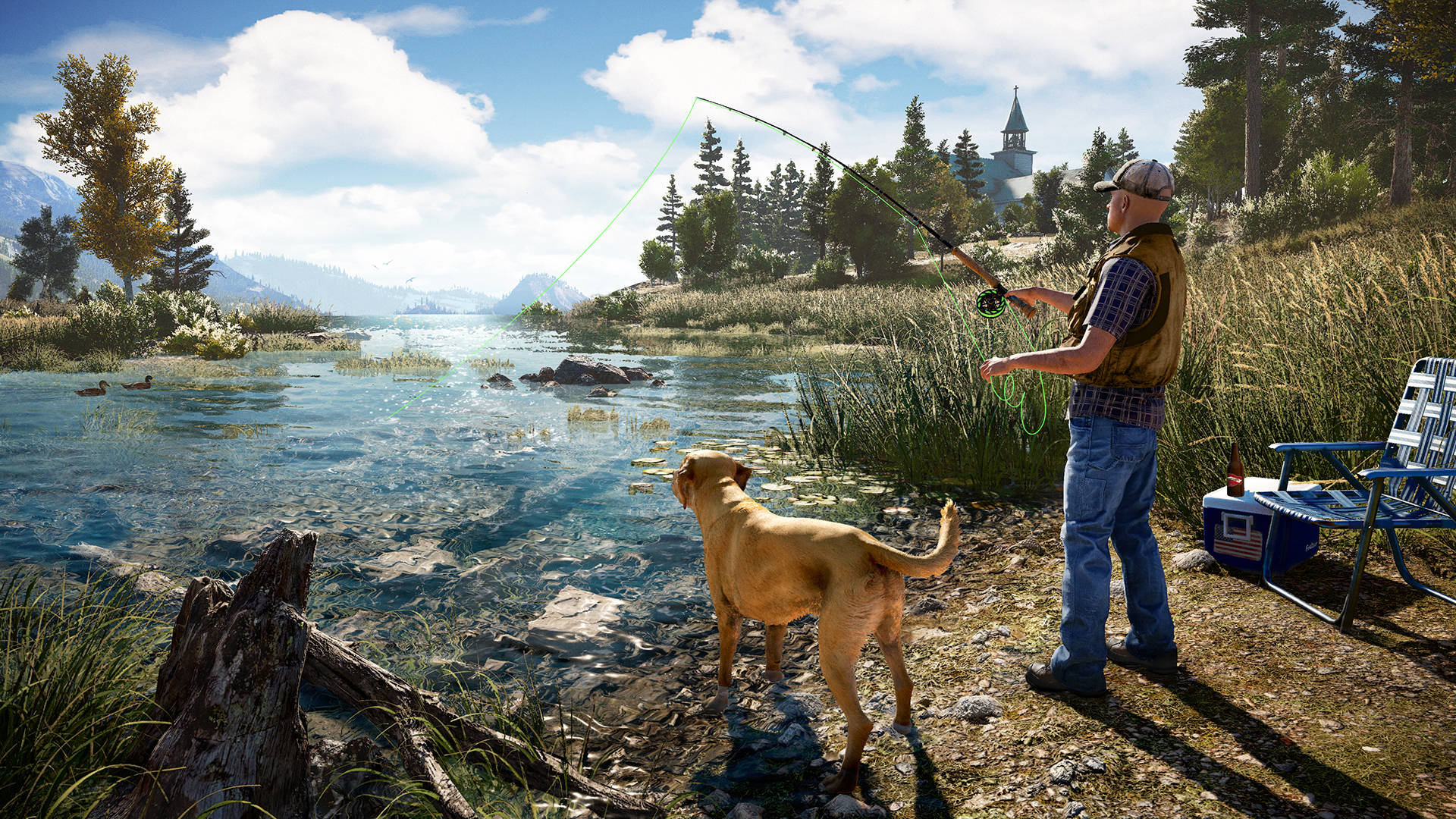Far Cry 5 桌布 壁紙 — 一名男子在陽光明媚的河岸上拋出釣線，他金色的狗在旁邊專注地看著。