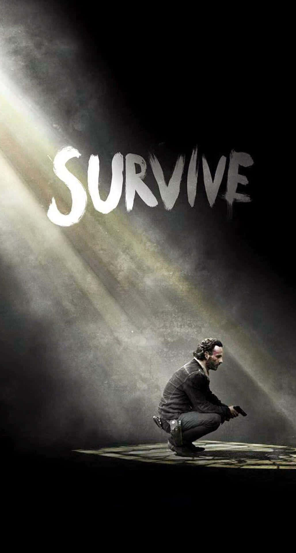 The Walking Dead iPhone 桌布 壁紙 — 一名男子在黑暗的房間中跪下，被一道光束照亮，上方閃爍著SURVIVE這個詞。