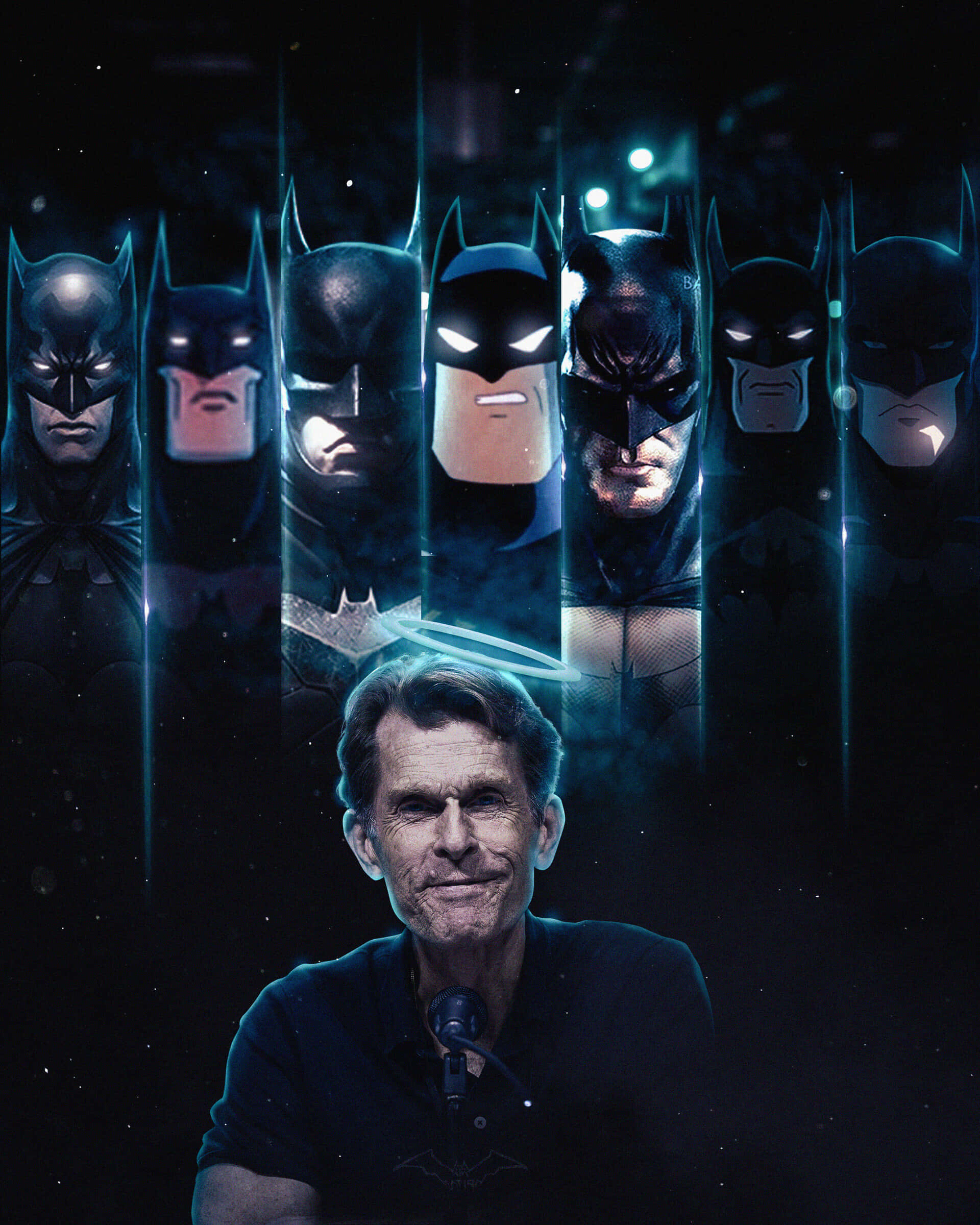 Kevin Conroy 桌布 壁紙 — 一名男子在黑暗背景前微笑，背景有多個發出藍光的蝙蝠俠面具。