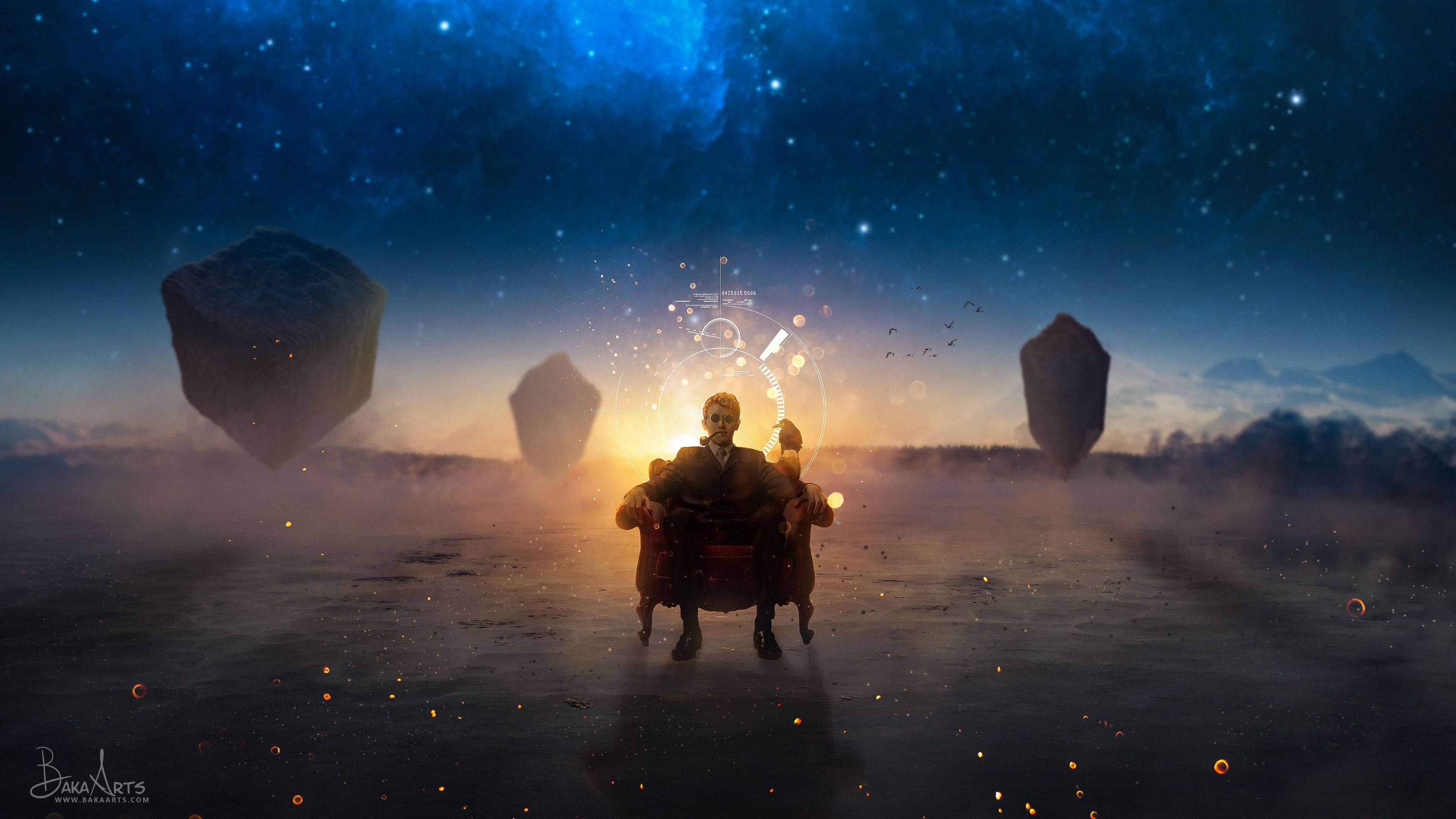 Animated 桌布 壁紙 — 一名男子坐在紅色扶手椅上，身處迷霧籠罩的外星平原，浮石與發光球體環繞著他，背景是星光閃爍的暮色天空。