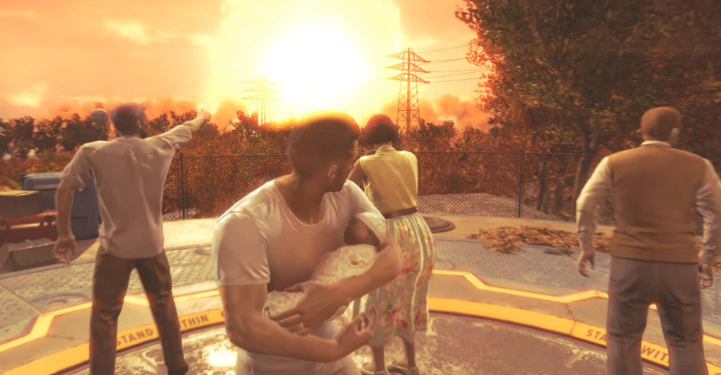Fallout Nuke 桌布 壁紙 — 一名男子懷抱嬰兒，其他人站在發光的圓形平台周圍，背景是夕陽、電線和樹木。
