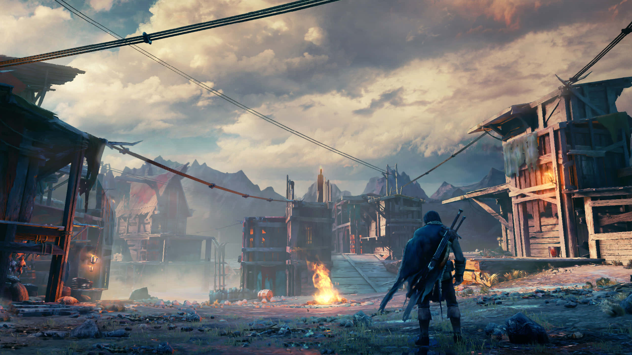一名男子手持劍刃穿梭城市之中 壁紙