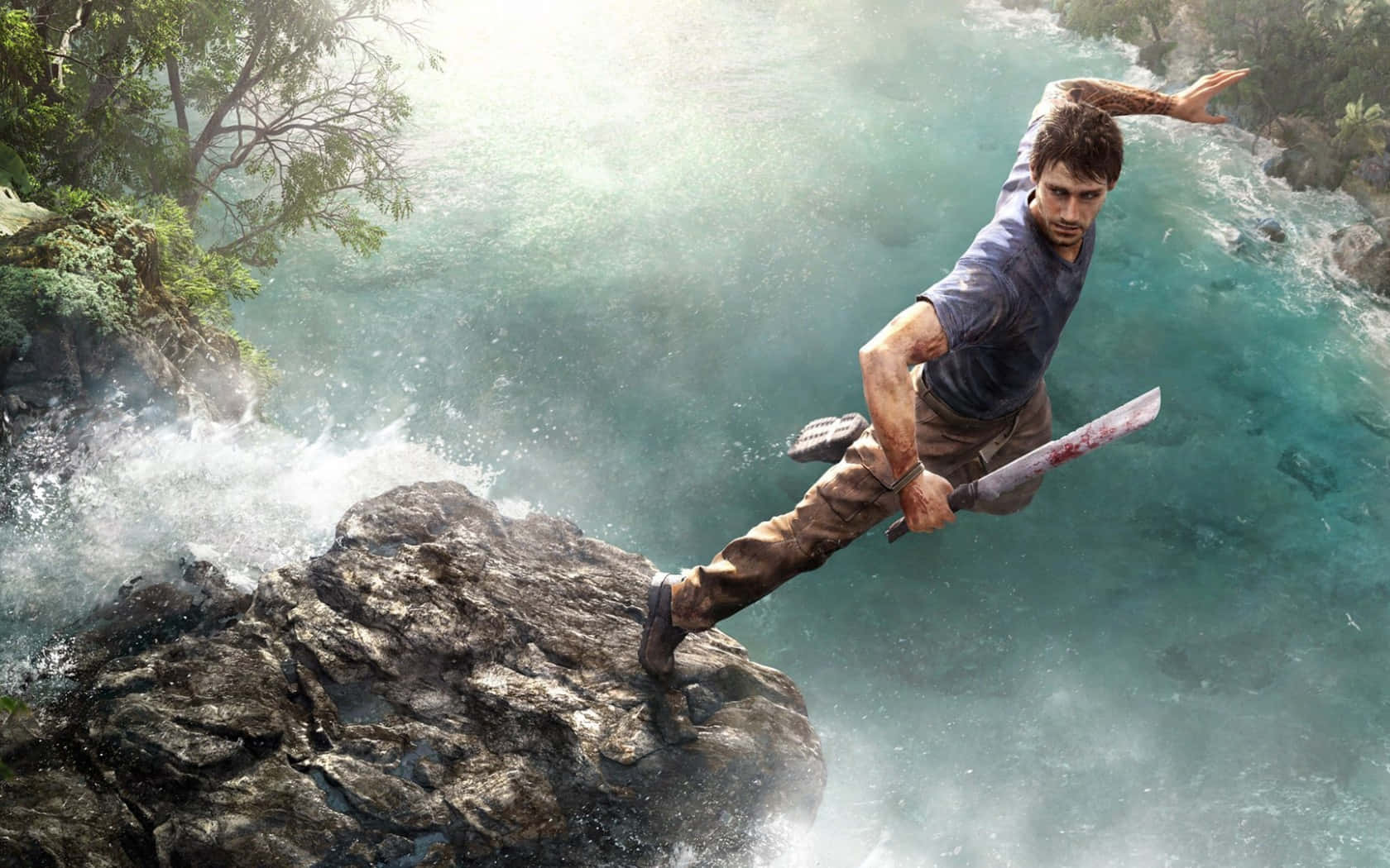 Far Cry 3 桌布 壁紙 — 一名男子手持染血開山刀，從岩石懸崖跳過湍急的碧綠河流。