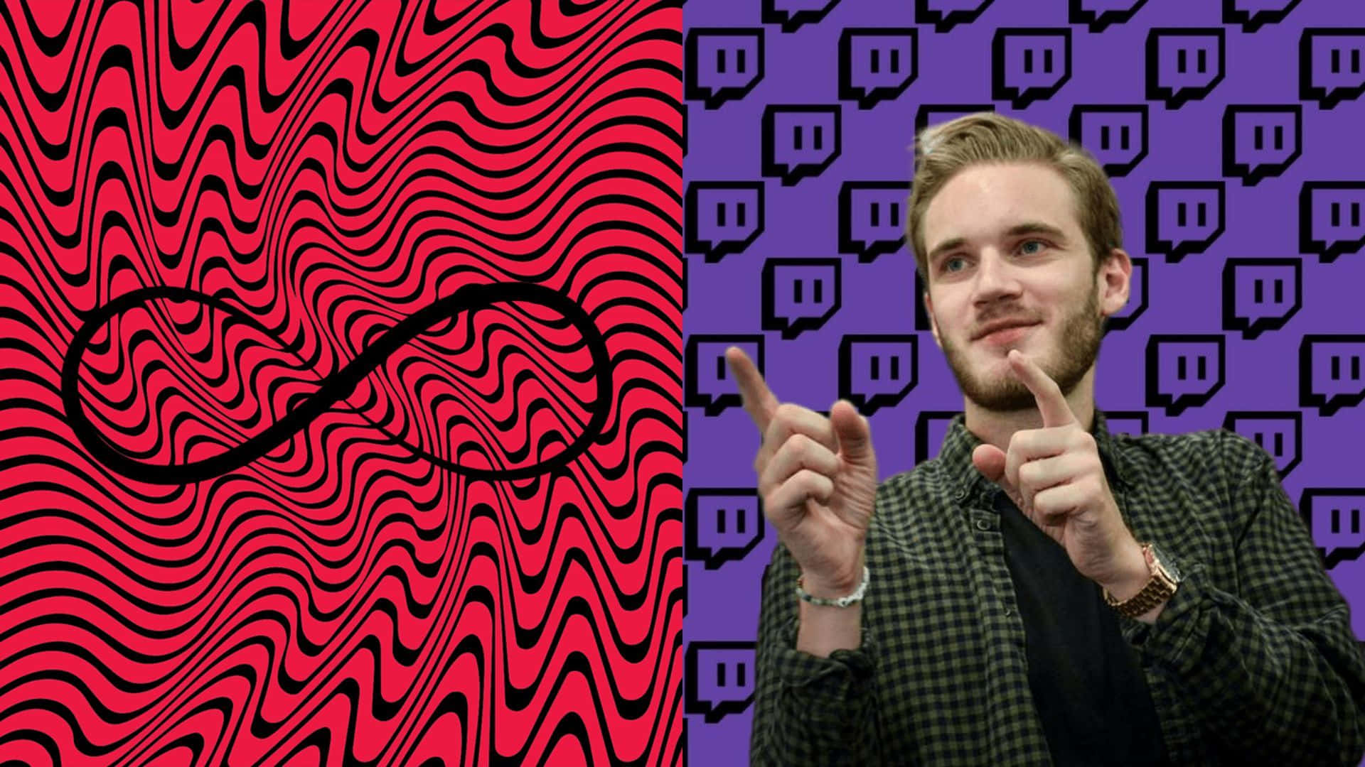 PewDiePie 桌布 壁紙 — 一名男子指著一個分割畫面，上面有紅色波浪無限符號和紫色Twitch標誌背景。