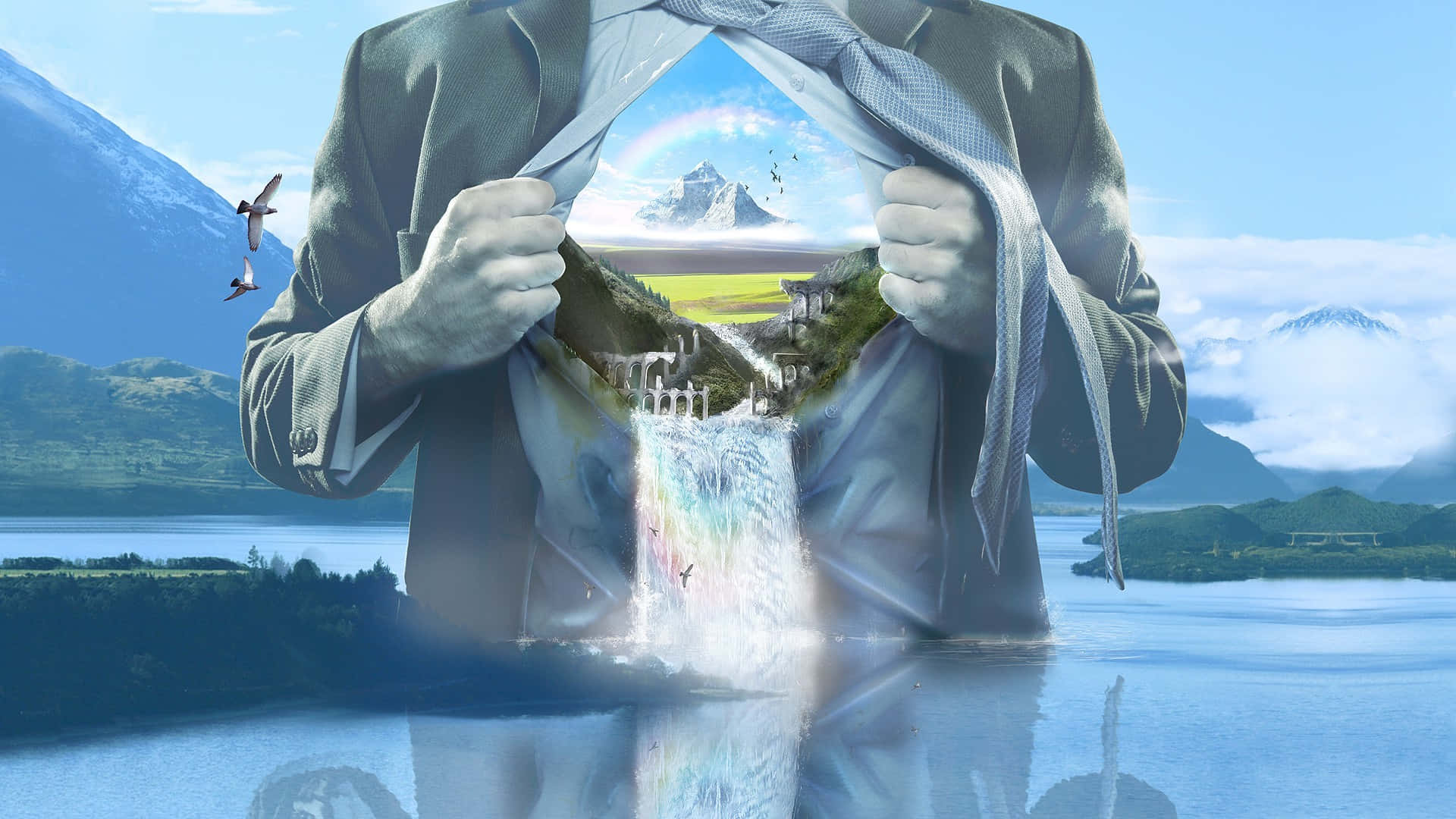 Primordial 桌布 壁紙 — 一名男子撕開西裝，露出彩虹下充滿活力的奇幻景觀，包括瀑布遺跡和山脈。