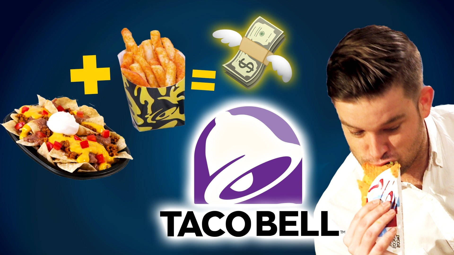 Taco Bell 桌布 壁紙 — 一名男子正在吃Taco Bell食物，圖形顯示玉米片薯條和金錢等於Taco Bell標誌。