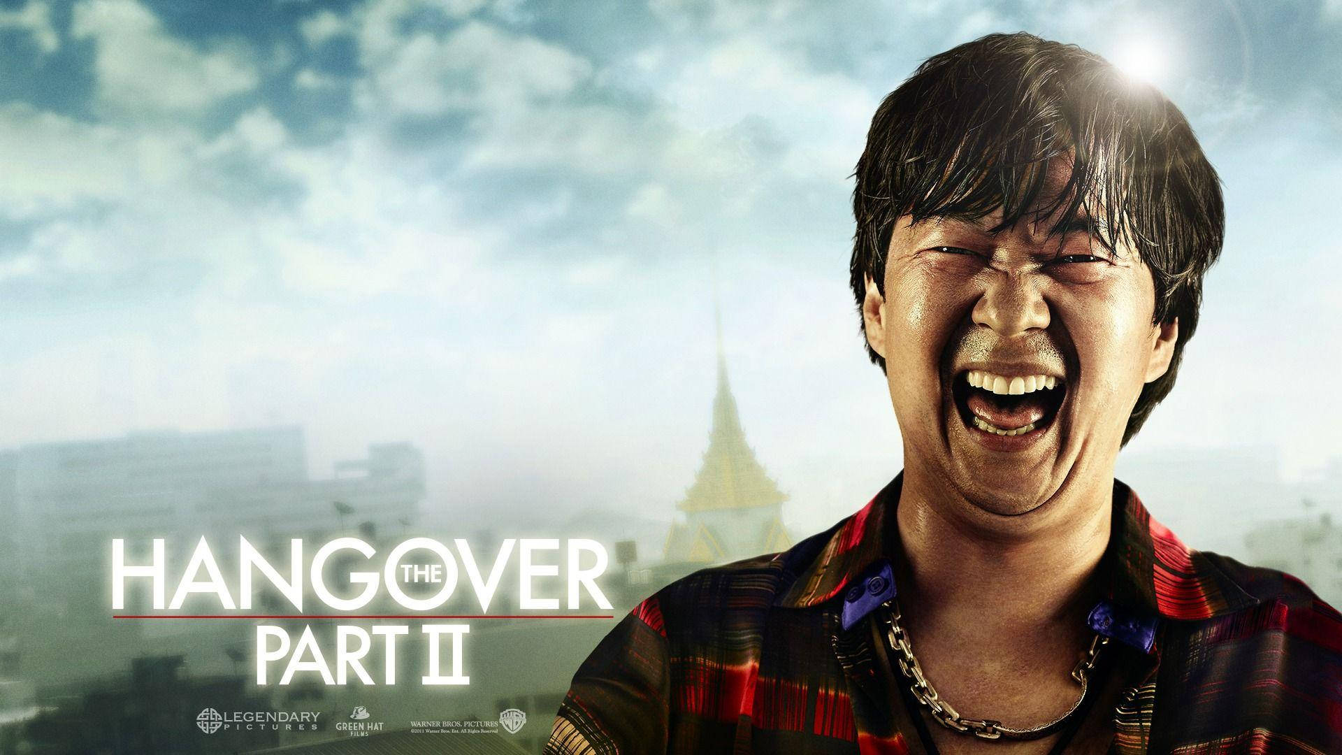 the hangover 桌布 壁紙 — 一名男子穿著格子襯衫，在模糊的城市背景下狂笑，背景有金色尖塔和明亮的太陽。
