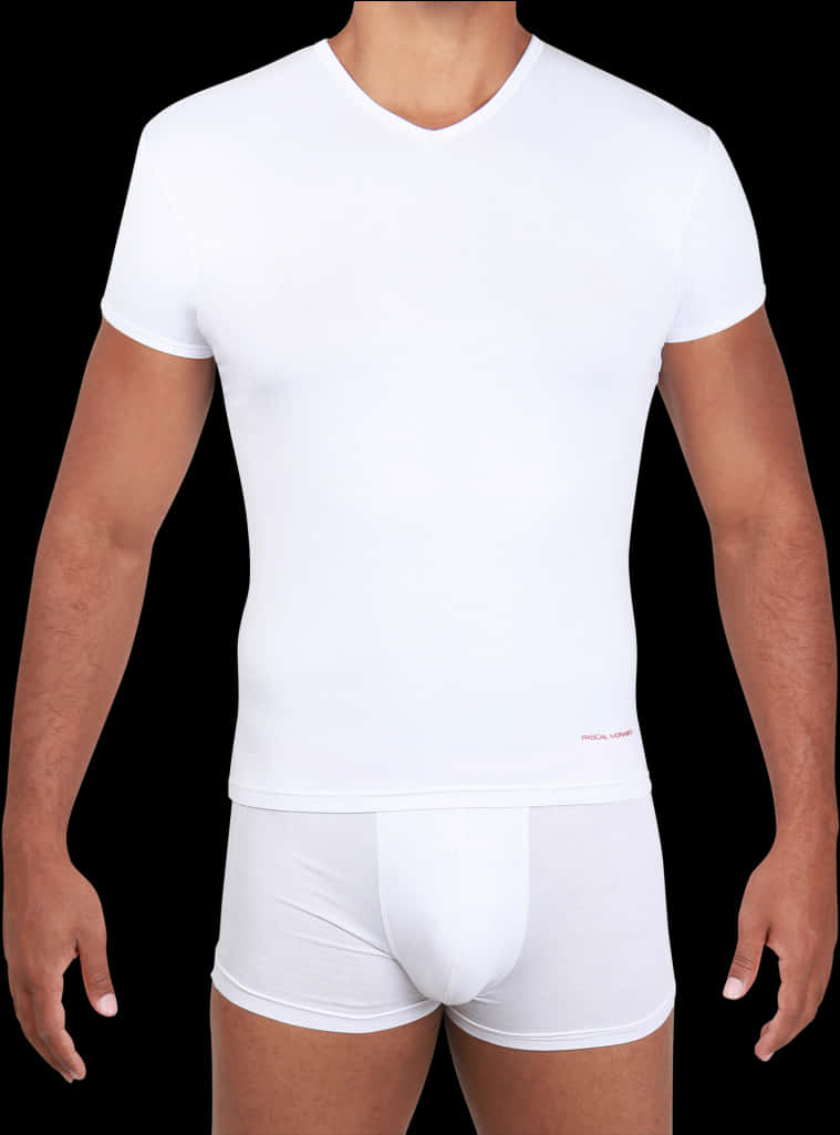 White T Shirt 桌布 壁紙 — 一名男子穿著純白色V領T恤和相配的白色平角內褲，背景為純黑色。