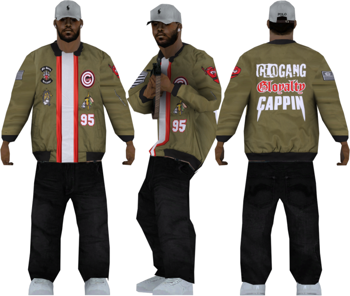 Grand Theft Auto V 桌布 壁紙 — 一名男子穿著細節豐富的橄欖色轟炸機夾克，背面有補丁和「Gang Loyalty Cappin」文字的三種視圖。