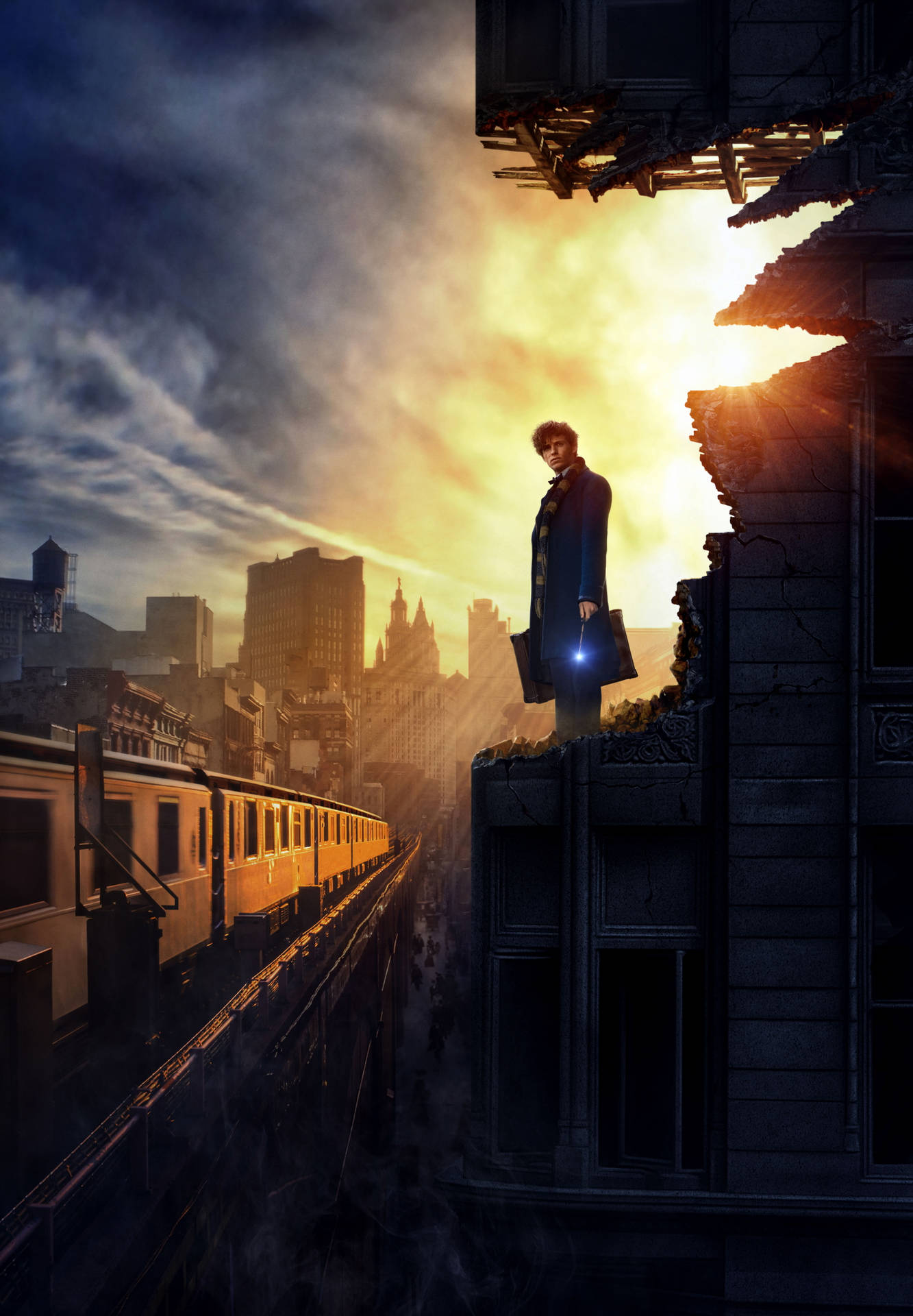 iPhone 桌布 壁紙 — 一名男子站在一座搖搖欲墜的摩天大樓頂端，一列火車在下方駛過，背景是戲劇性的日落天空。