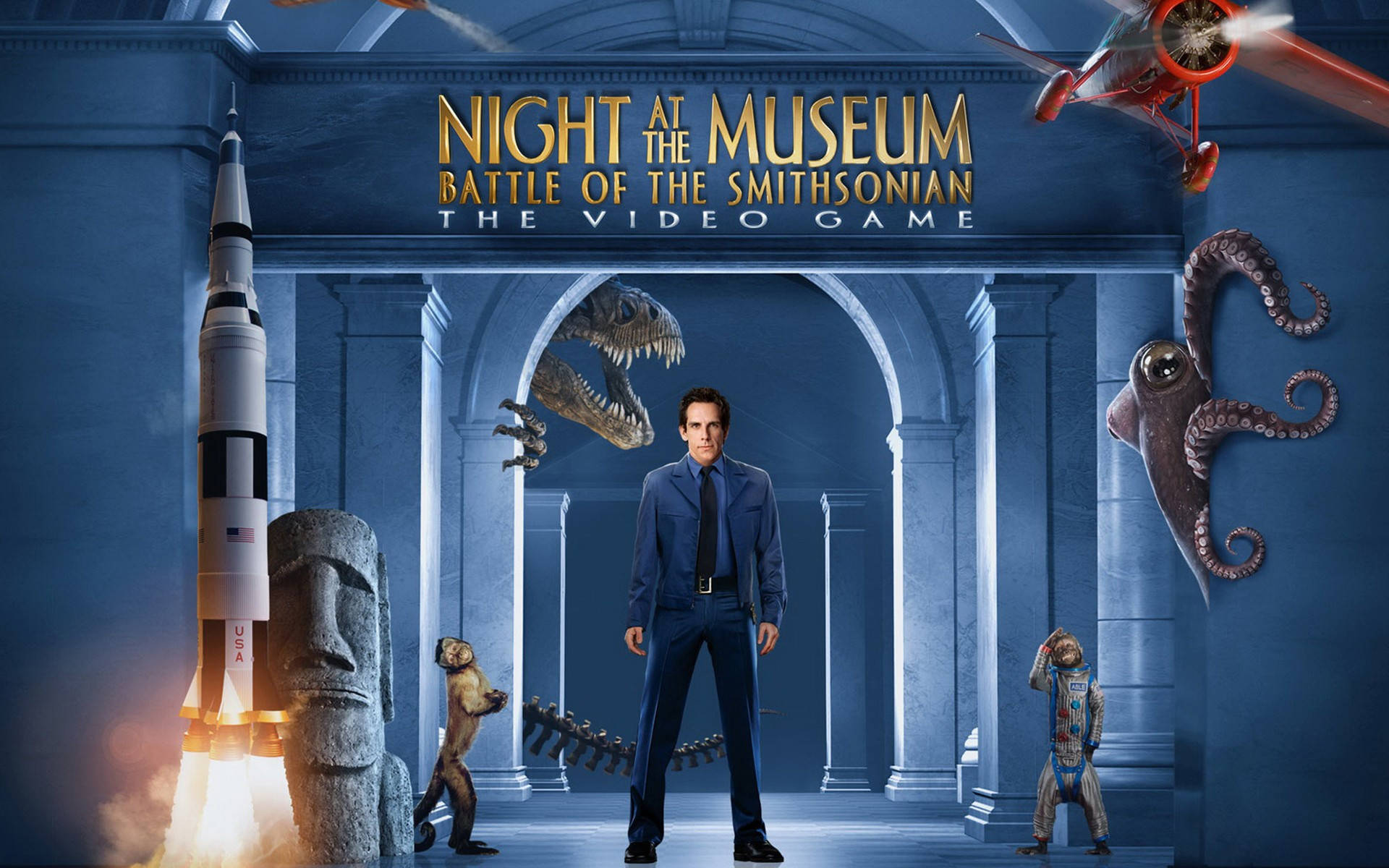 Smithsonian 桌布 壁紙 — 一名男子站在博物館大廳中央，周圍的動畫展品（包括火箭恐龍和章魚）在他身邊活了起來。