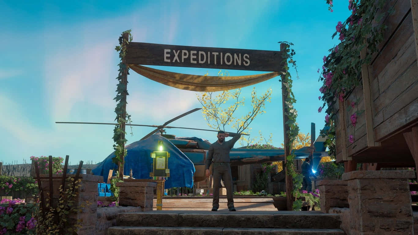 1366x768 Far Cry New Dawn 桌布 壁紙 — 一名男子站在木製的「EXPEDITIONS」標誌下，身處一個有直升機和盛開花朵的質樸戶外基地，背景是清澈的藍天。