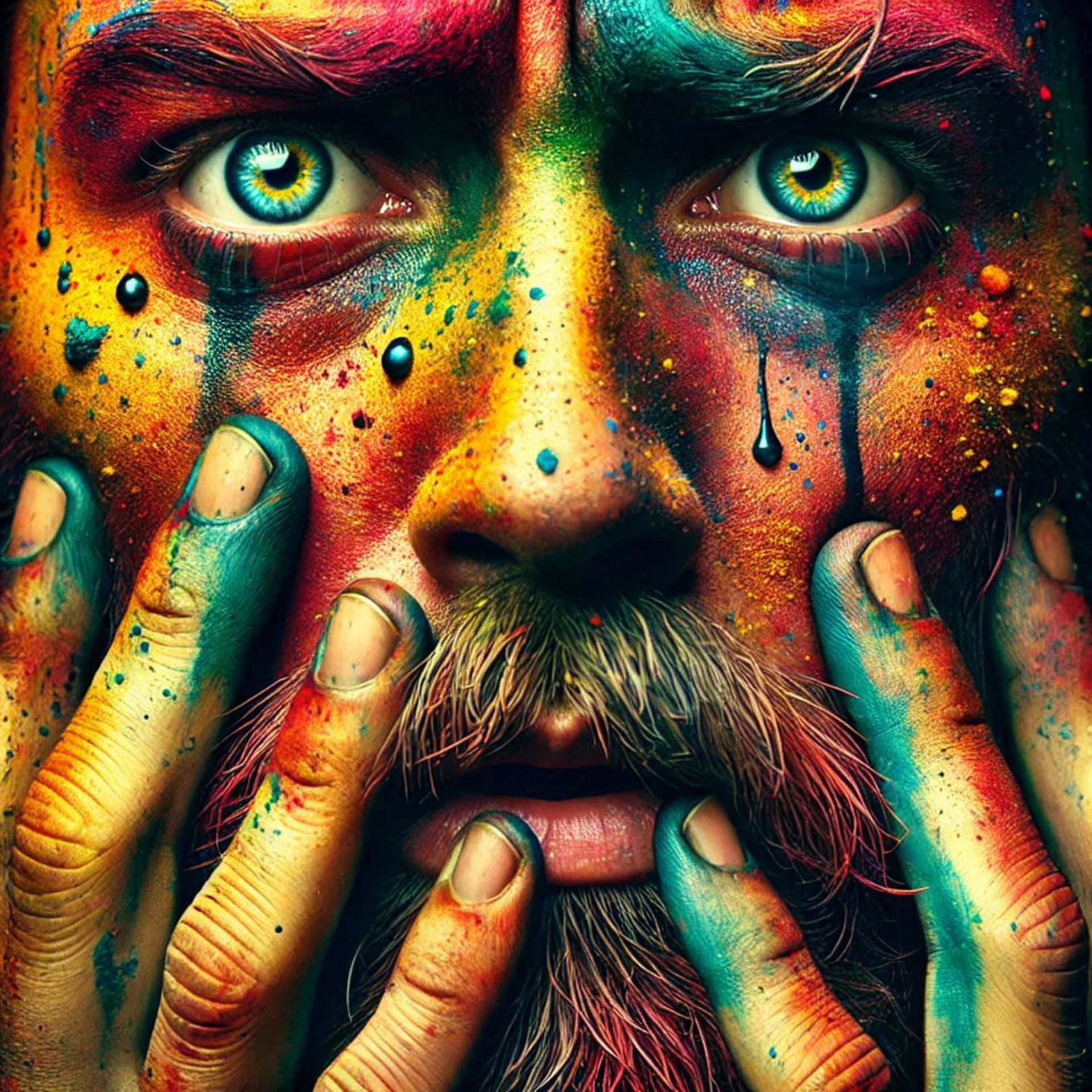 Emotions 壁紙 — 一名男子臉部特寫，臉上佈滿鮮豔的顏料飛濺，眼睛呈強烈的綠色，雙手按在臉頰上。
