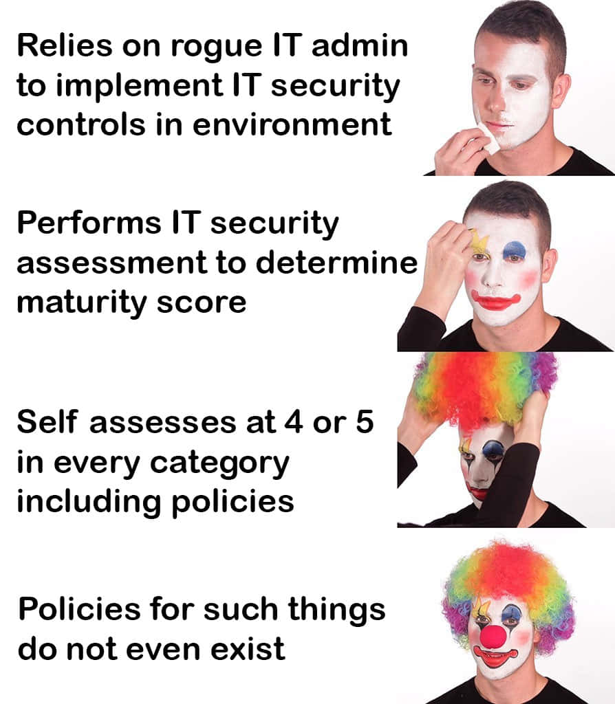 Cybersecurity Memes 桌布 壁紙 — 一名男子逐步塗上小丑妝容，同時文字描述不斷升級的IT安全失誤。