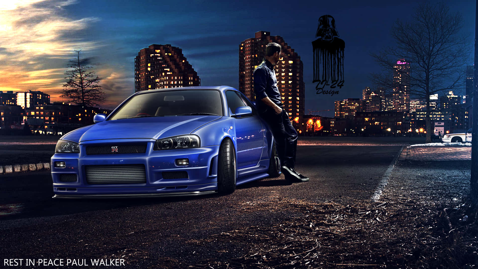 Paul Walker Skyline 桌布 壁紙 — 一名男子靠在一輛停在潮濕城市街道上的鮮藍色跑車旁，背景是黃昏時分燈火通明的摩天大樓。