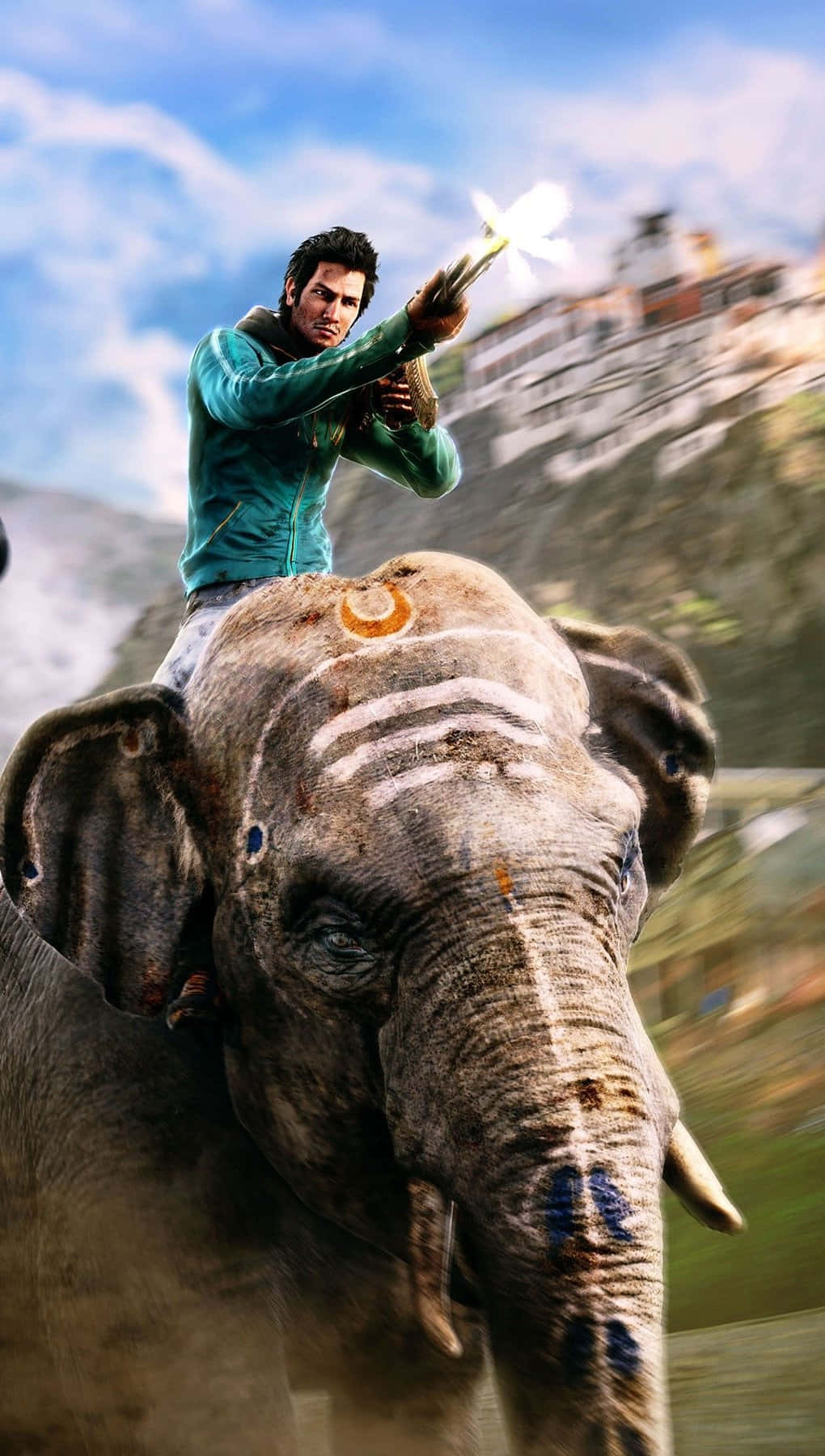 iPhone Xs Far Cry 4 桌布 壁紙 — 一名男子騎著裝飾華麗的大象，穿過一個山村，天空湛藍。
