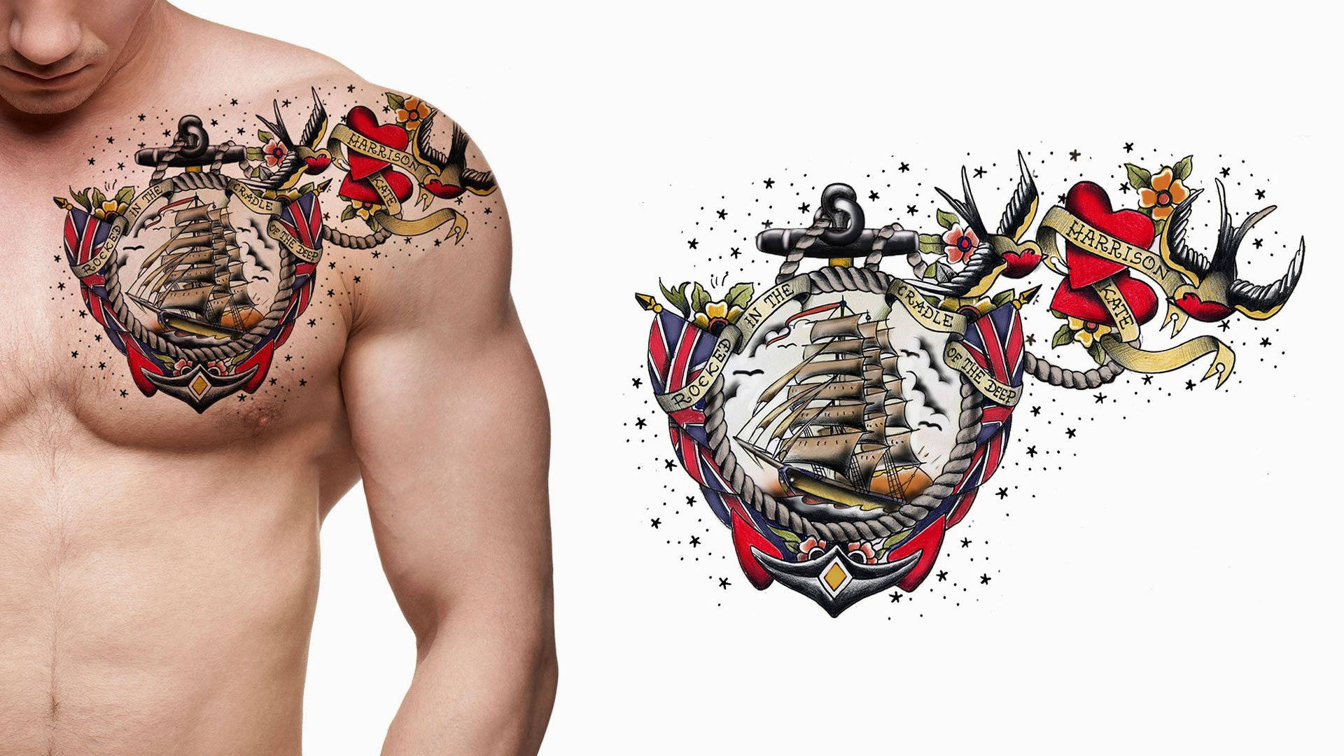 Tattoo 桌布 壁紙 — 一名男性的軀幹展示了一個詳細的傳統紋身，圖案為一艘船位於繩索邊框的盾徽內，兩側有燕子及一顆紅心。