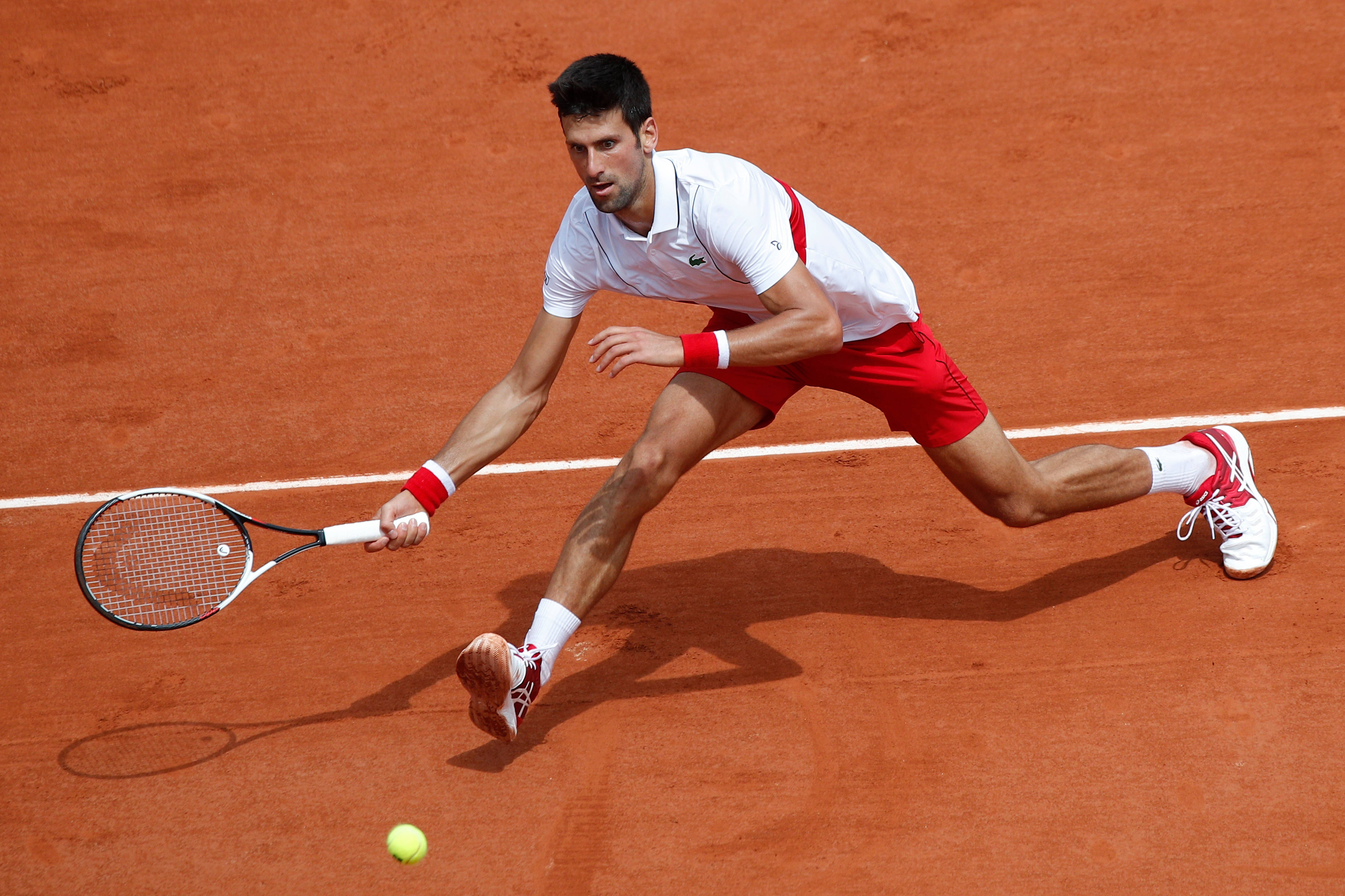 Novak 桌布 壁紙 — 一名男性網球運動員在紅土球場上低身撲向一顆黃球，用球拍擊球，在明亮的日光下。