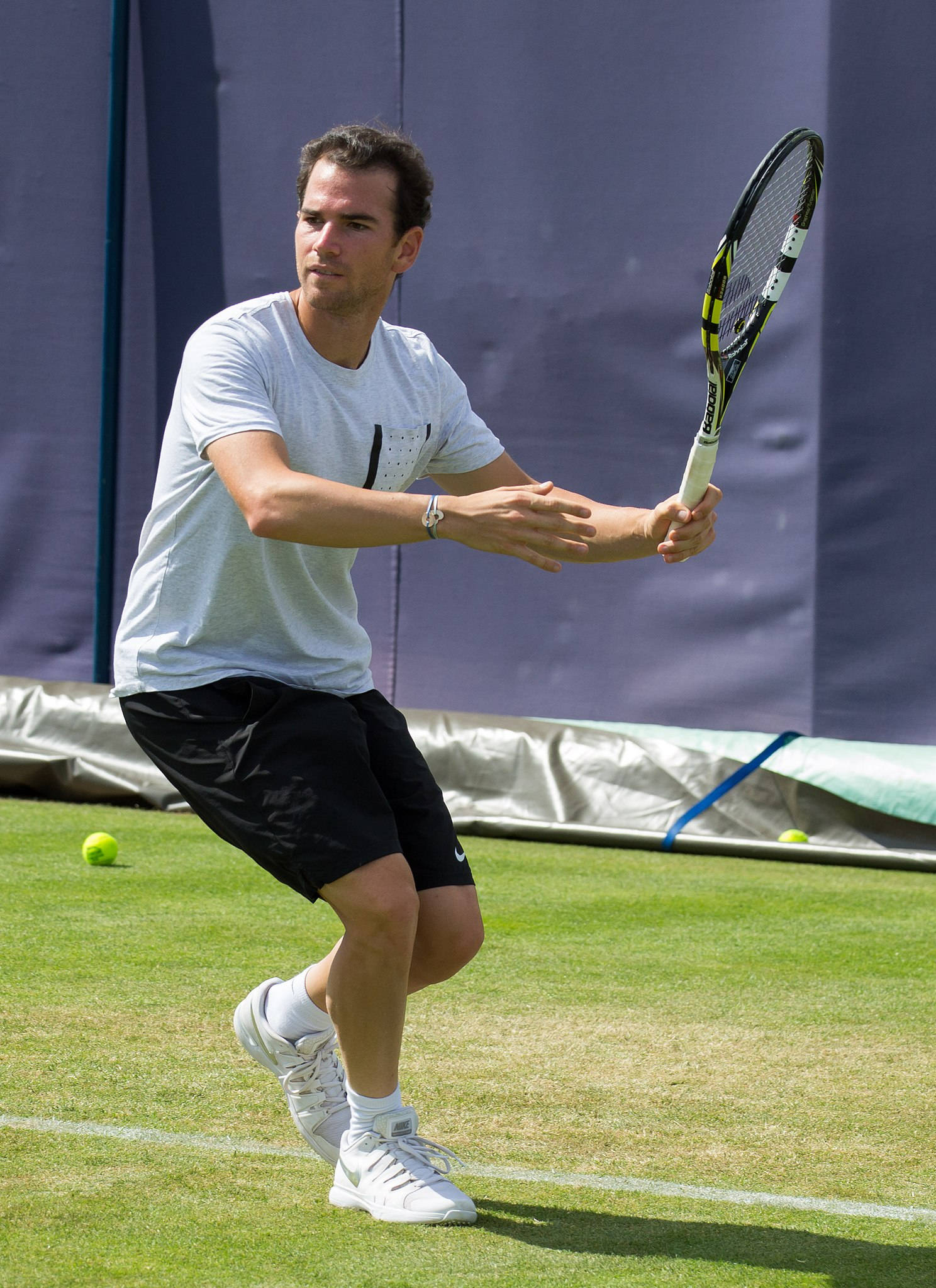 Tennis 桌布 壁紙 — 一名男性網球選手在草地場上於明亮日光下專注揮拍。
