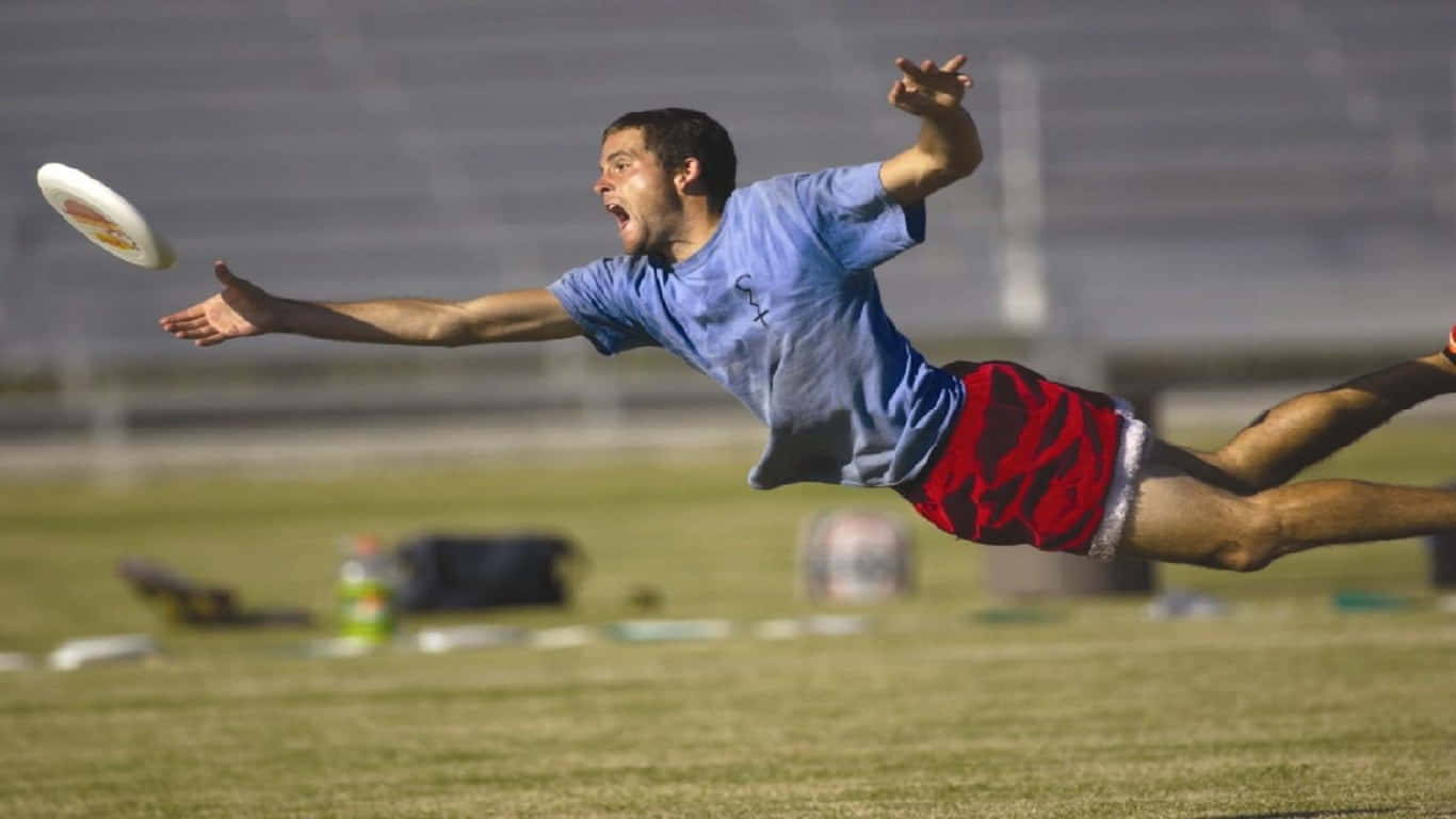 1366x768 Ultimate Frisbee 桌布 壁紙 — 一名男性運動員全身飛撲過草地，專注地接住飛行的飛盤。
