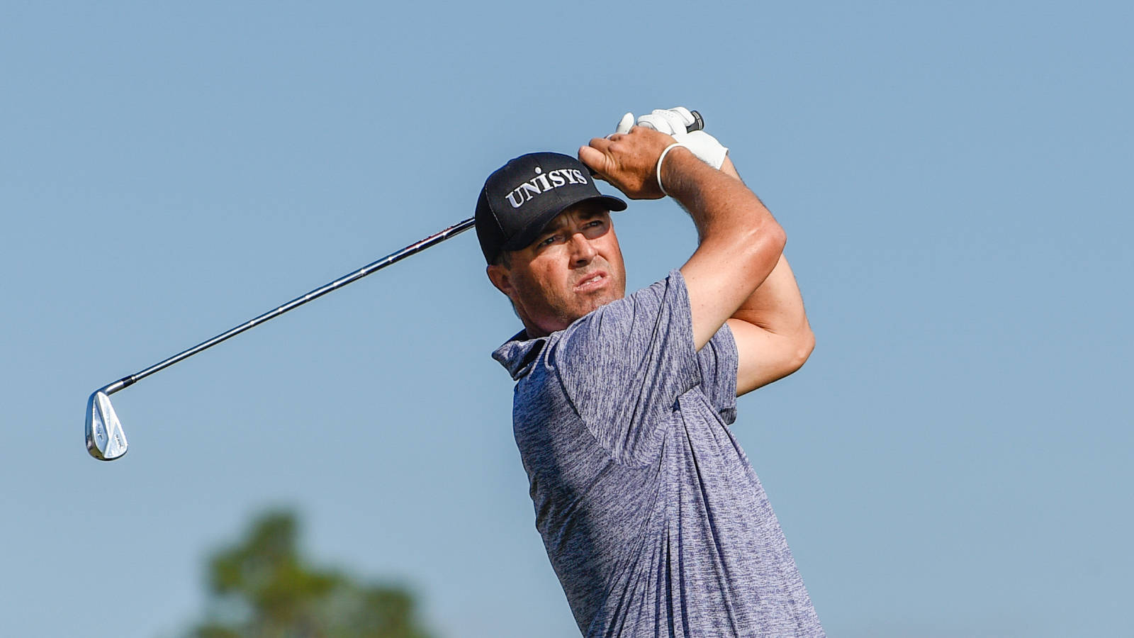 Ryan Palmer 桌布 壁紙 — 一名男性高爾夫球手在晴朗藍天下揮桿，背景有模糊的綠色樹木。