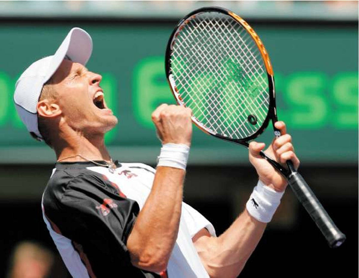 網球 桌布 壁紙 — 一名男網球選手在陽光普照的球場上高舉球拍，勝利吶喊。