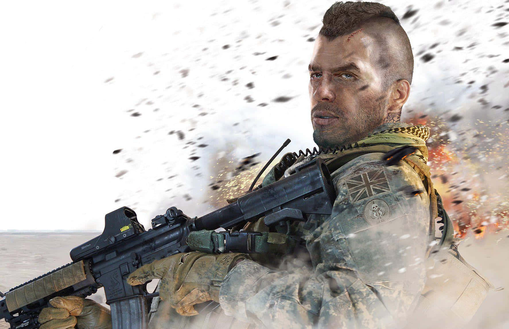 Soap Mactavish 桌布 壁紙 — 一名留著莫霍克頭、滿臉鮮血的士兵緊握步槍，在沙漠戰場上爆炸和碎片四處飛揚。