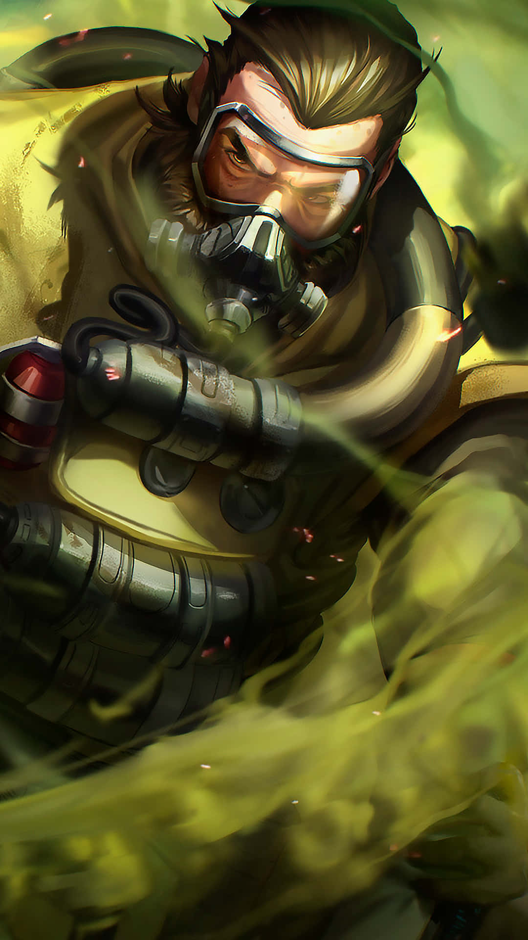 Pixel 3 Apex Legends 桌布 壁紙 — 一名留鬍子的士兵戴著防毒面具和戰術裝備，在旋轉的綠色煙霧中發射榴彈發射器。