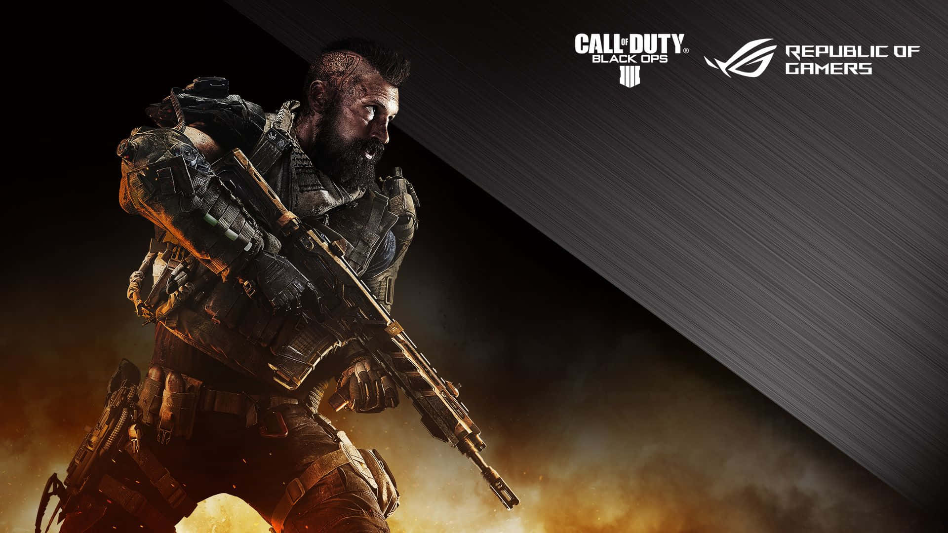 Best Call Of Duty Black Ops 4 桌布 壁紙 — 一名留鬍子的士兵身穿戰術裝備，在火焰戰場背景下手持步槍，背景有遊戲標誌。