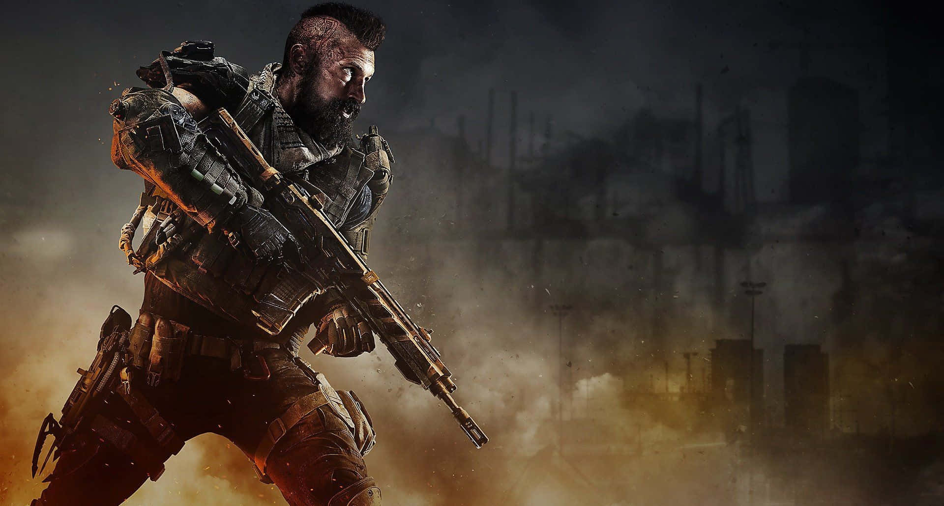 1920x1080 Call Of Duty Black Ops Cold War 桌布 壁紙 — 一名留鬍子的士兵身穿戰術裝備，在煙霧中持步槍於戰火摧殘的城市環境中前進。