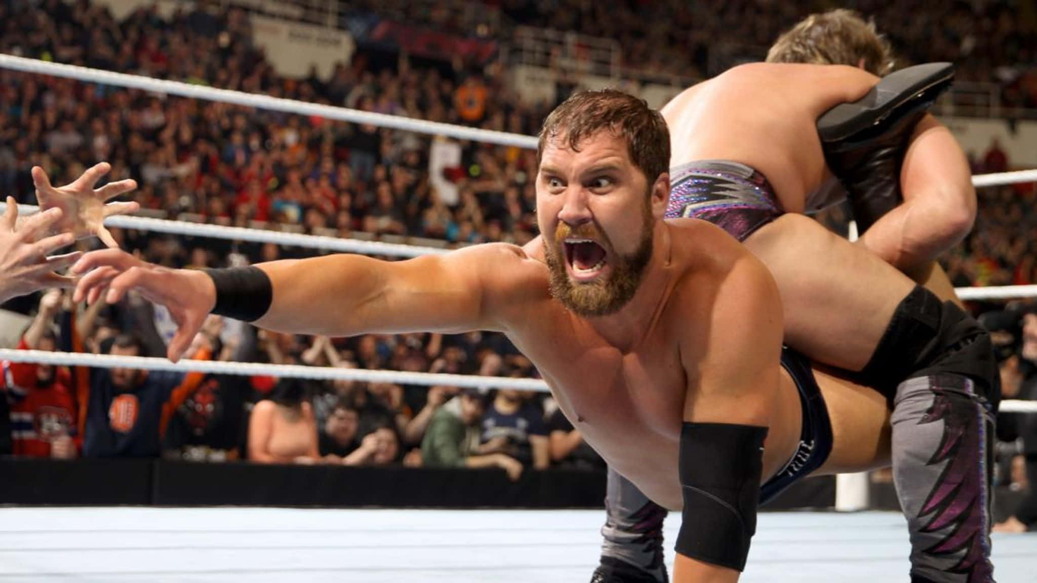 WWE 桌布 壁紙 — 一名留鬍子的摔角手在擠滿觀眾的場館內，被對手舉起準備施展強力招式時痛苦尖叫。