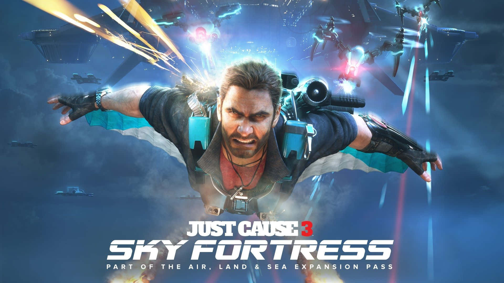1920x1080 Just Cause 4 桌布 壁紙 — 一名留鬍鬚的男子揹著噴射背包，在風暴天空下穿梭於飛行車輛和爆炸之間。