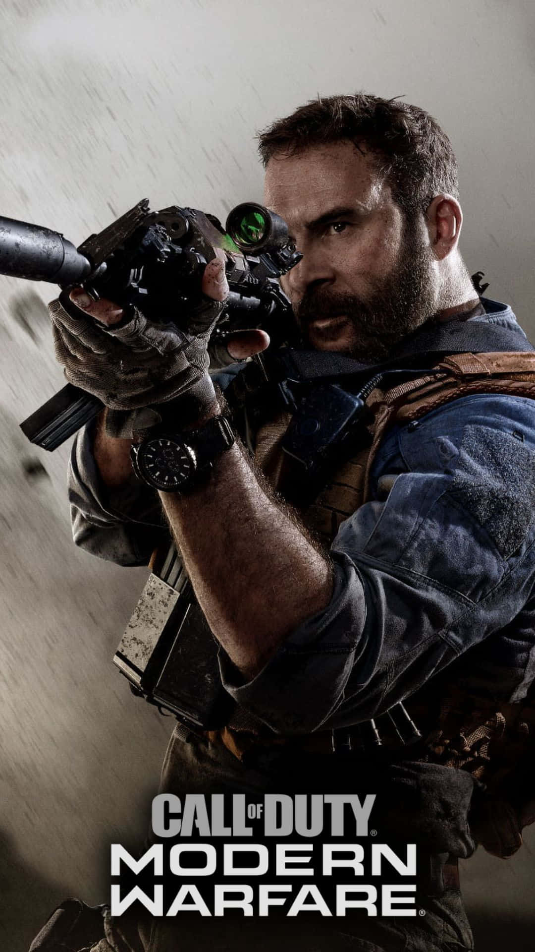 Android Call Of Duty Modern Warfare 桌布 壁紙 — 一名留鬍鬚的粗獷士兵，在模糊的雨景背景下，用帶瞄準鏡的步槍專注地瞄準。