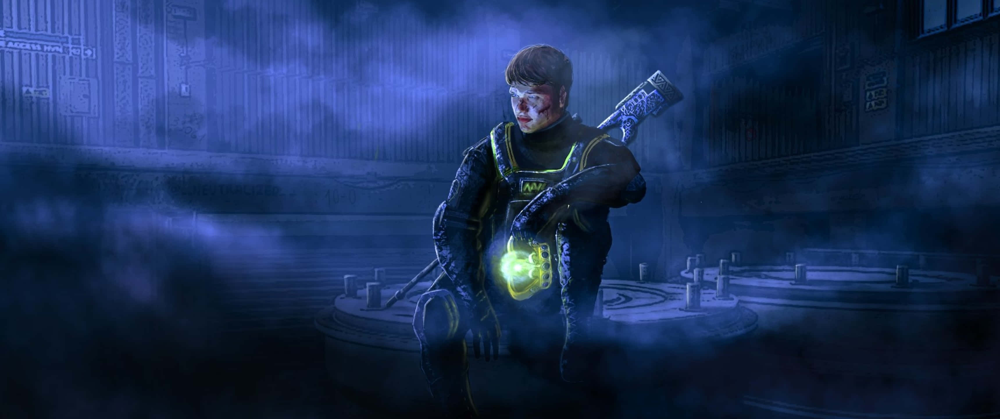 3440x1440p Counter-strike Global Offensive 桌布 壁紙 — 一名疲憊的士兵滿臉鮮血，坐在煙霧瀰漫的工業廢墟中，手持發光球體和武器。