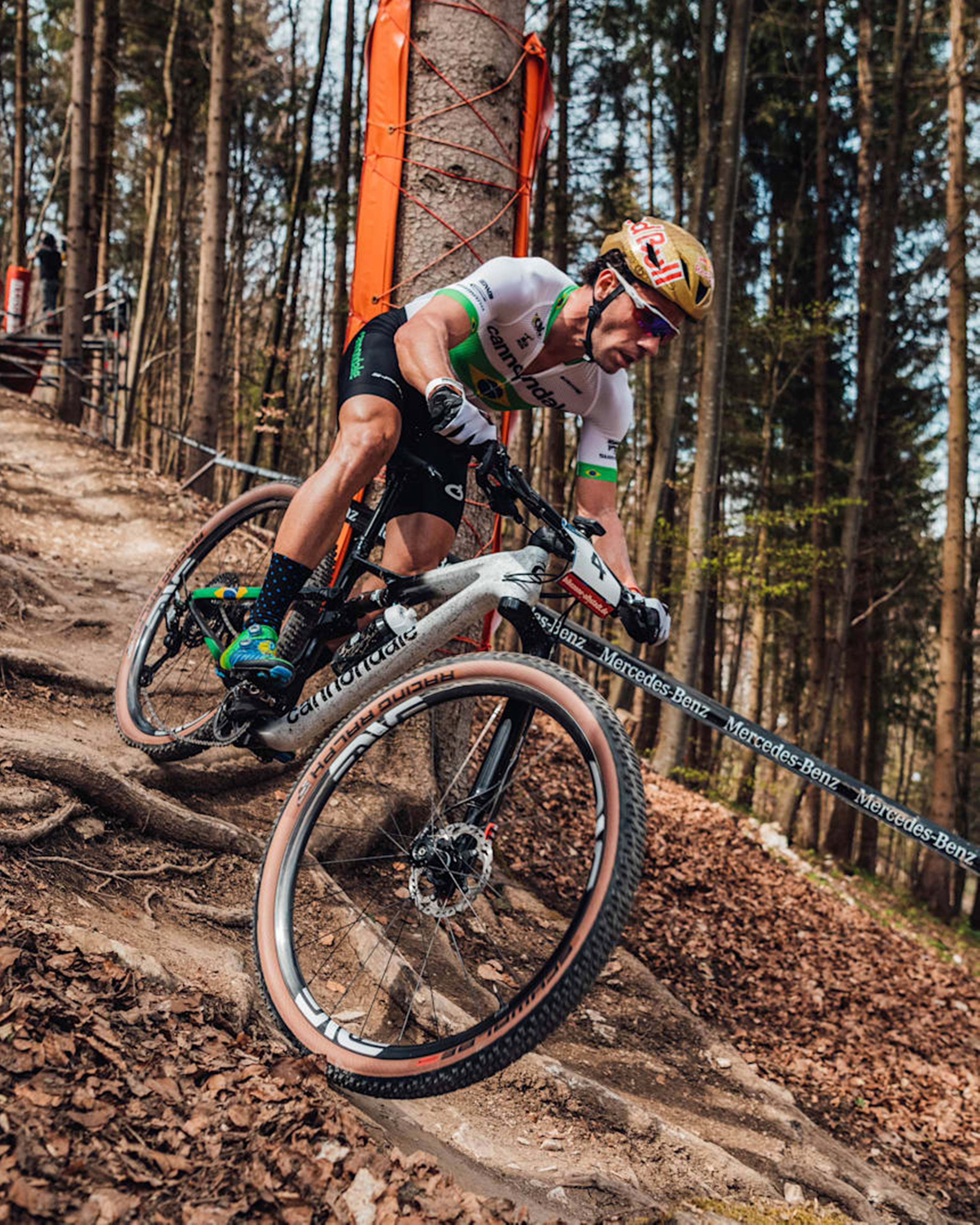 Mountain Bike 桌布 壁紙 — 一名登山車騎士在森林小徑上傾身過急彎，前輪離地。