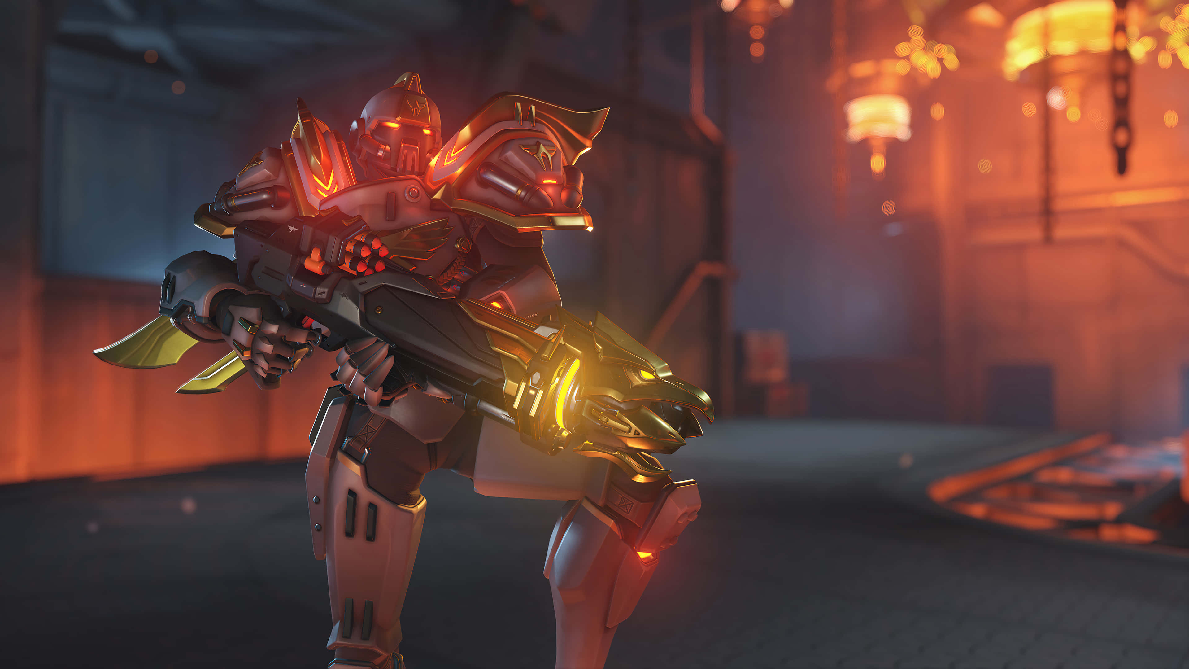 Overwatch Heroes 桌布 壁紙 — 一名發光的裝甲戰士手持未來武器，站在昏暗的工業小巷中，沐浴在溫暖的橙色光線下。