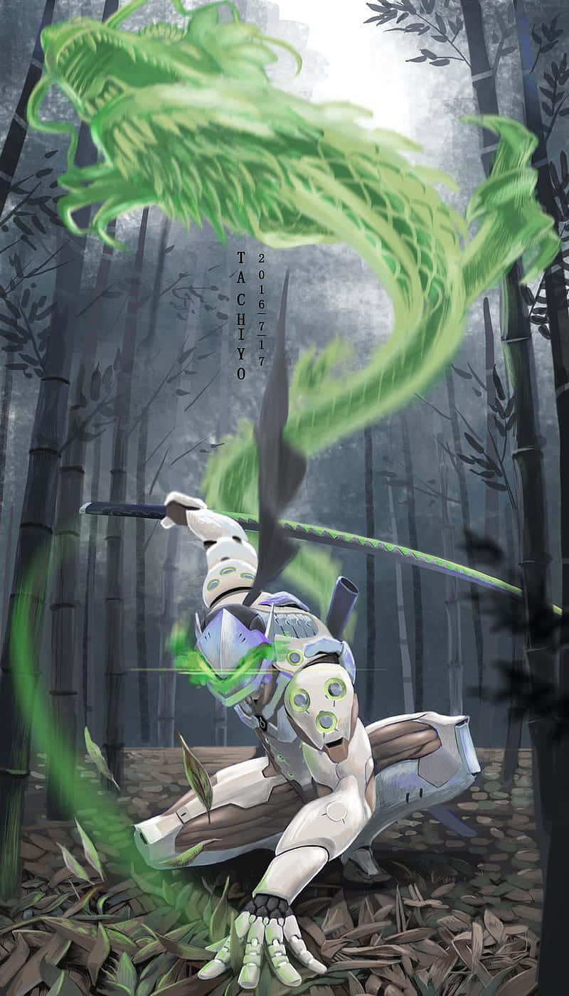 龍 桌布 壁紙 — 一名白色裝甲戰士在霧氣瀰漫的竹林中斬向發光的綠色巨龍。