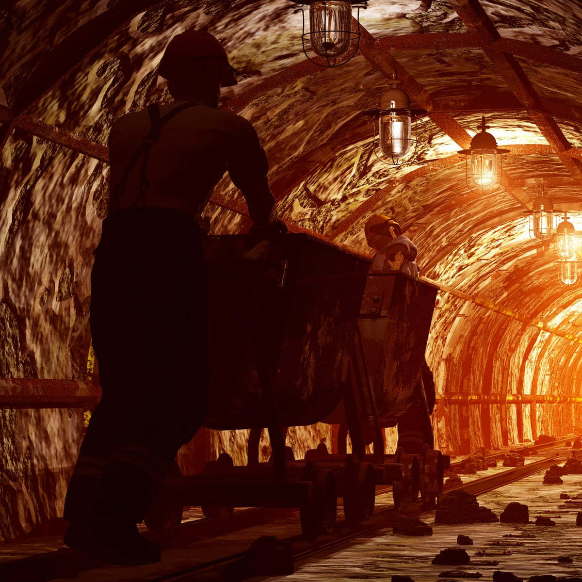 Coal Mining 桌布 壁紙 — 一名礦工推著手推車穿過一條光線昏暗的地下隧道，隧道由懸掛的燈籠照亮，散發出溫暖的橙色光芒。