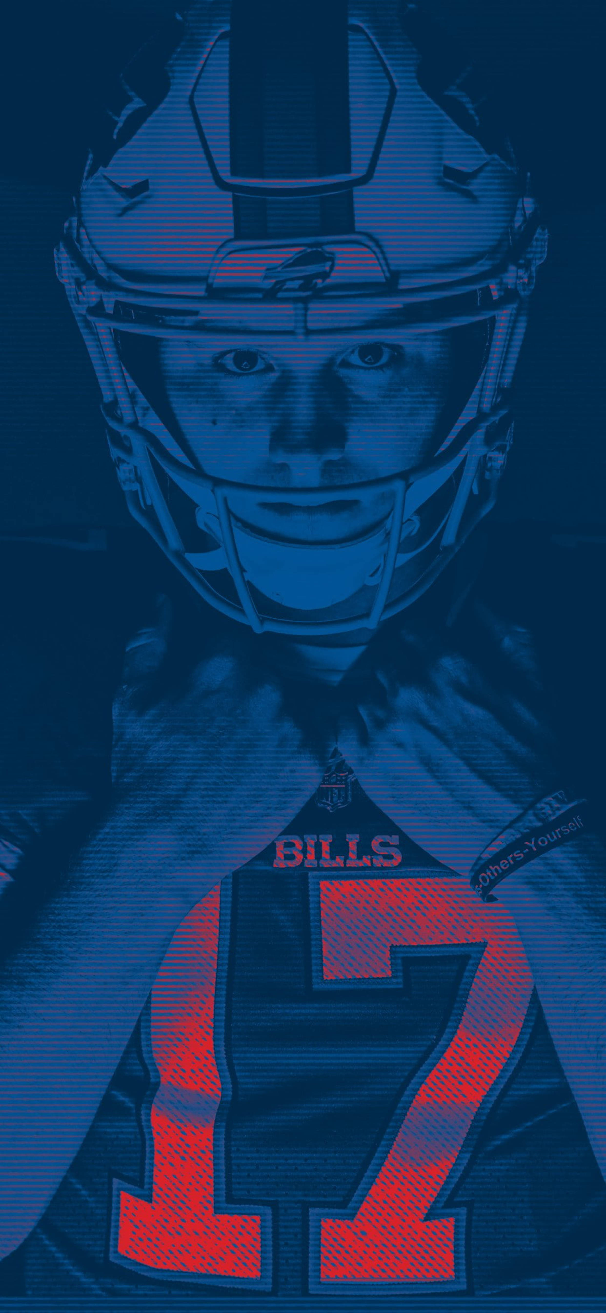 Josh 桌布 壁紙 — 一名穿著 Bills 球衣、號碼 17 的足球運動員在帶有紅色點綴的藍色濾鏡下透過頭盔凝視著。