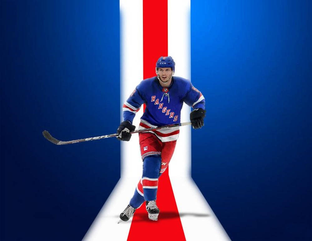 hockey 桌布 壁紙 — 一名穿著 Rangers 裝備的冰球運動員，大步穿過一條大膽的紅、白、藍隧道。